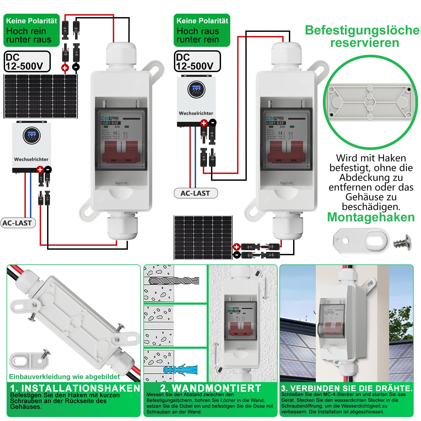 DC Trennschalter PV Anlage 32A 500V Sicherungsautomat 2polig IP65 Wasserdicht mit Kabel und Haken für Solarmodule Einspeisesteckdose Balkonkraftwerk