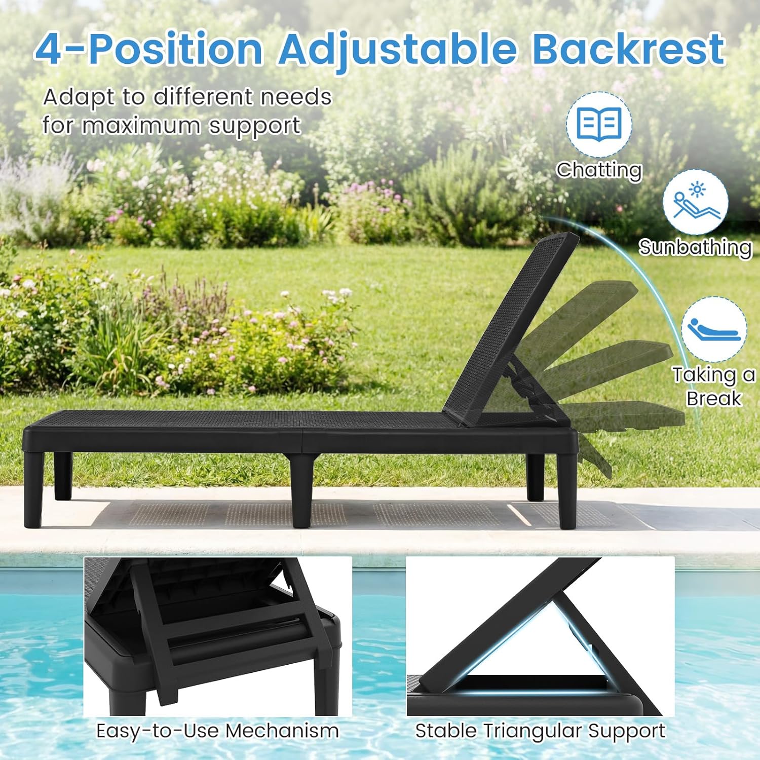 Tangkula Outdoor Chaise Lounger Chair, 4-Position Reclining Chair with Waterproof Rattan Textured PP Surface, 330 lbs Capacity & Easy Assembly for Pool Garden Deck Beach (1,Black)