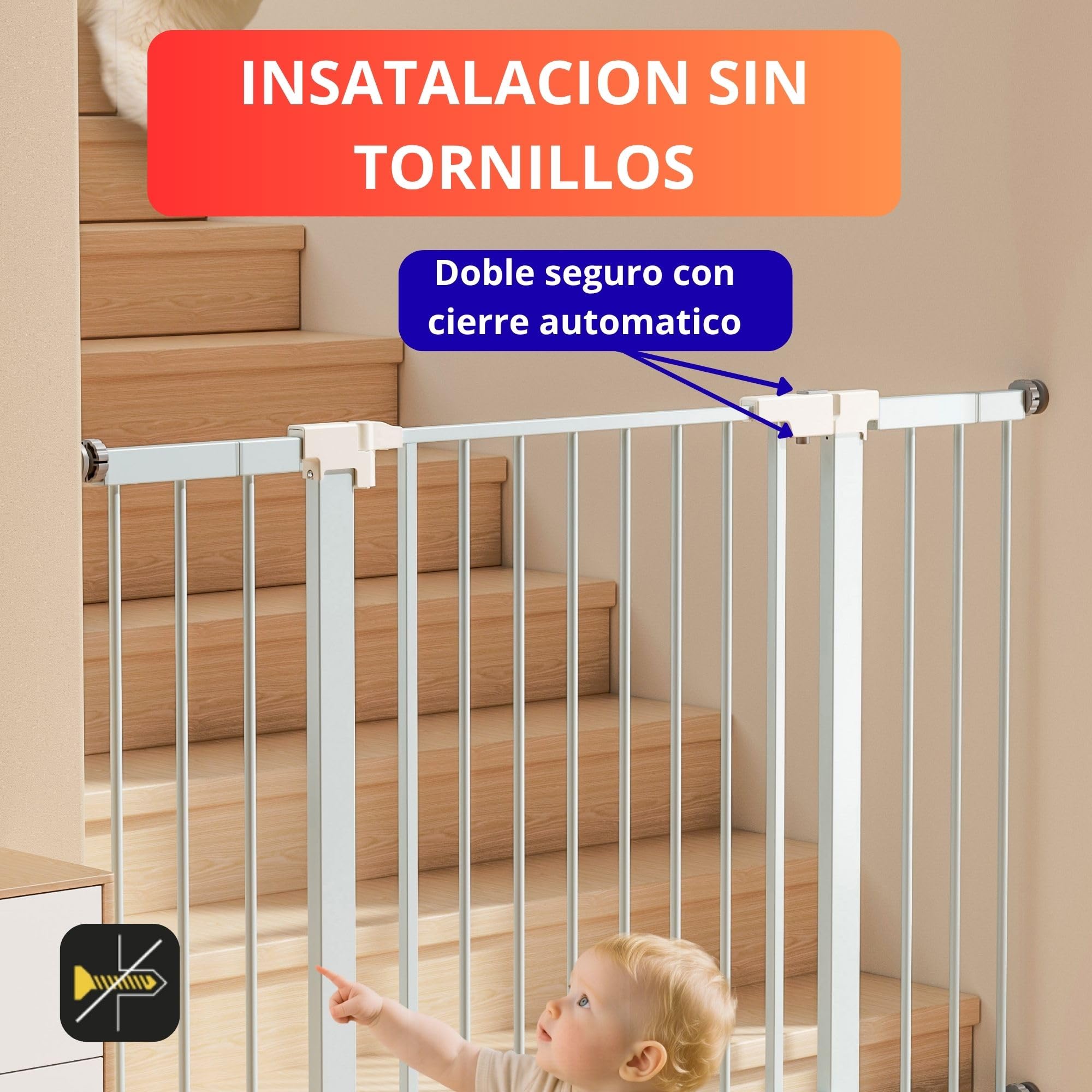Barrera de Seguridad para Bebés y Mascotas, Ajustable 75-82 cm Extensible hasta 108 cm, Acero Blanco, Valla Escalera y Puerta sin Taladro, Cierre Automático, Apertura 1 Mano, Doble Seguridad