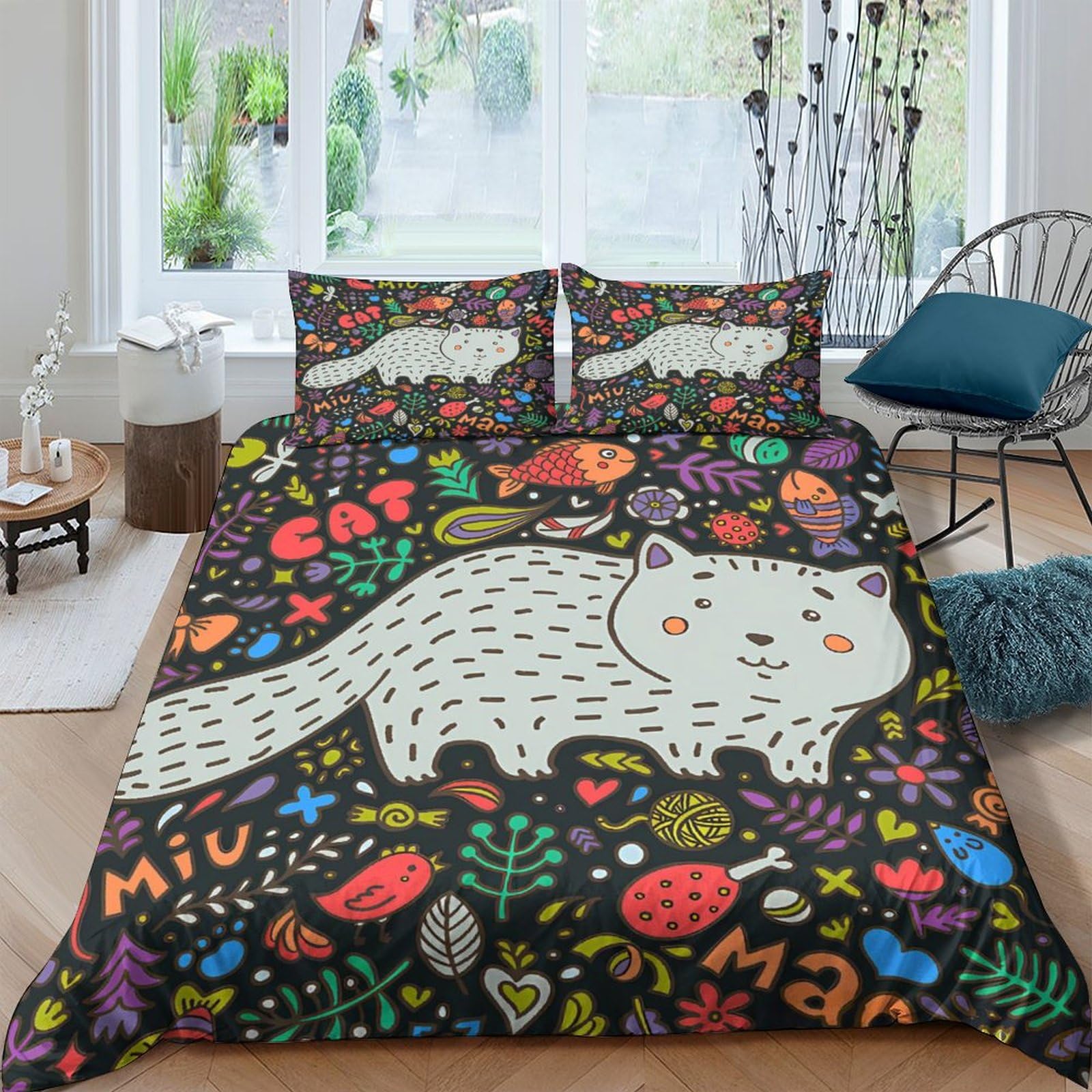 Housse de couette chat et poisson 3D pour illuminer la chambre enfant