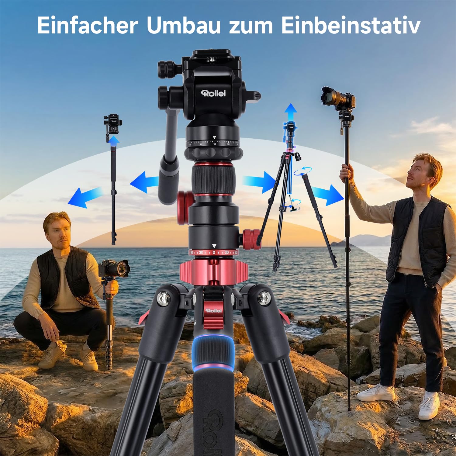 Rollei Compact Traveler No.2 XL Video Stativ Kamera mit Auslegearm 212cm Aluminium Kamerastativ mit Fluidkopf & Einbeinstativ Dreibeinstativ mit Handhalterung, Kamera-Stativ-Camera-Tripod-Fotostativ