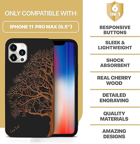 Miniatura 7 de CaseYard Funda de madera para iPhone 11 Pro Max grabada con láser, diseño de medio árbol, madera negra, compatible con iPhone, funda protectora a