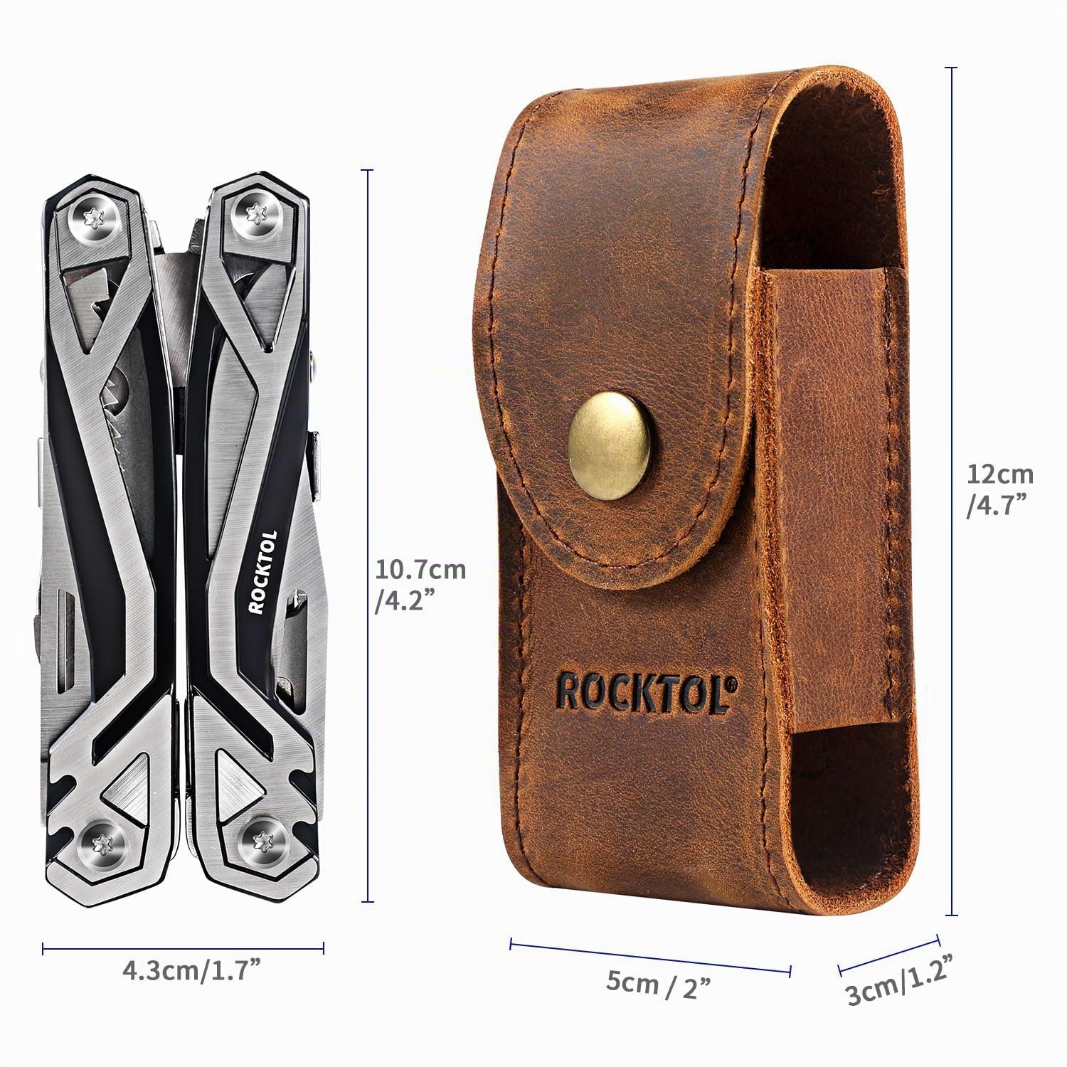 ROCKTOL Multitool-Scheide, Premium-Lederscheide mit Druckknopf für den Gürtel, Multitool-Messerscheide, Holster für 4,2-Zoll-Multitools für EDC, Camping, Wandern im Freien