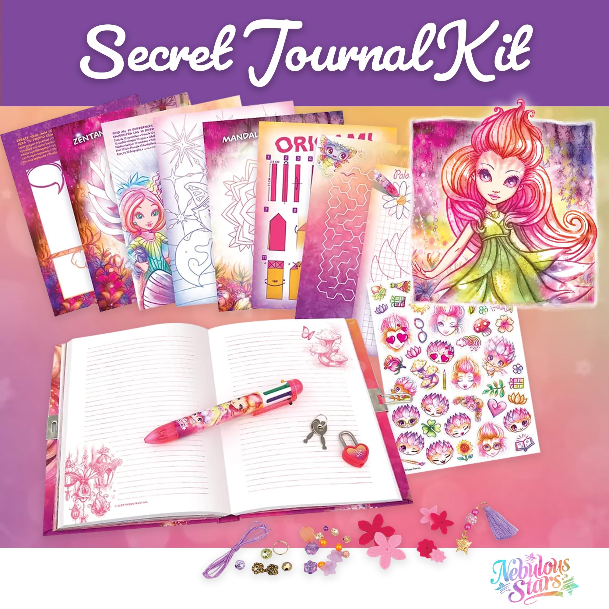 Nebulous Stars Secret Journal - Lockable Diary for Girls with 6-Color Multicolor Pen, 200 Pages, Fun Activities, Stickers, and DIY Charms with Petulia