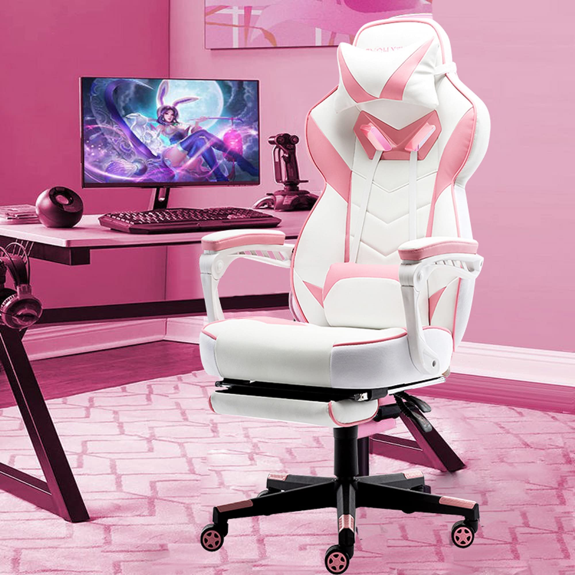 HEADMALL Pink Gaming Chair with Footrest Ergonomic Oversized