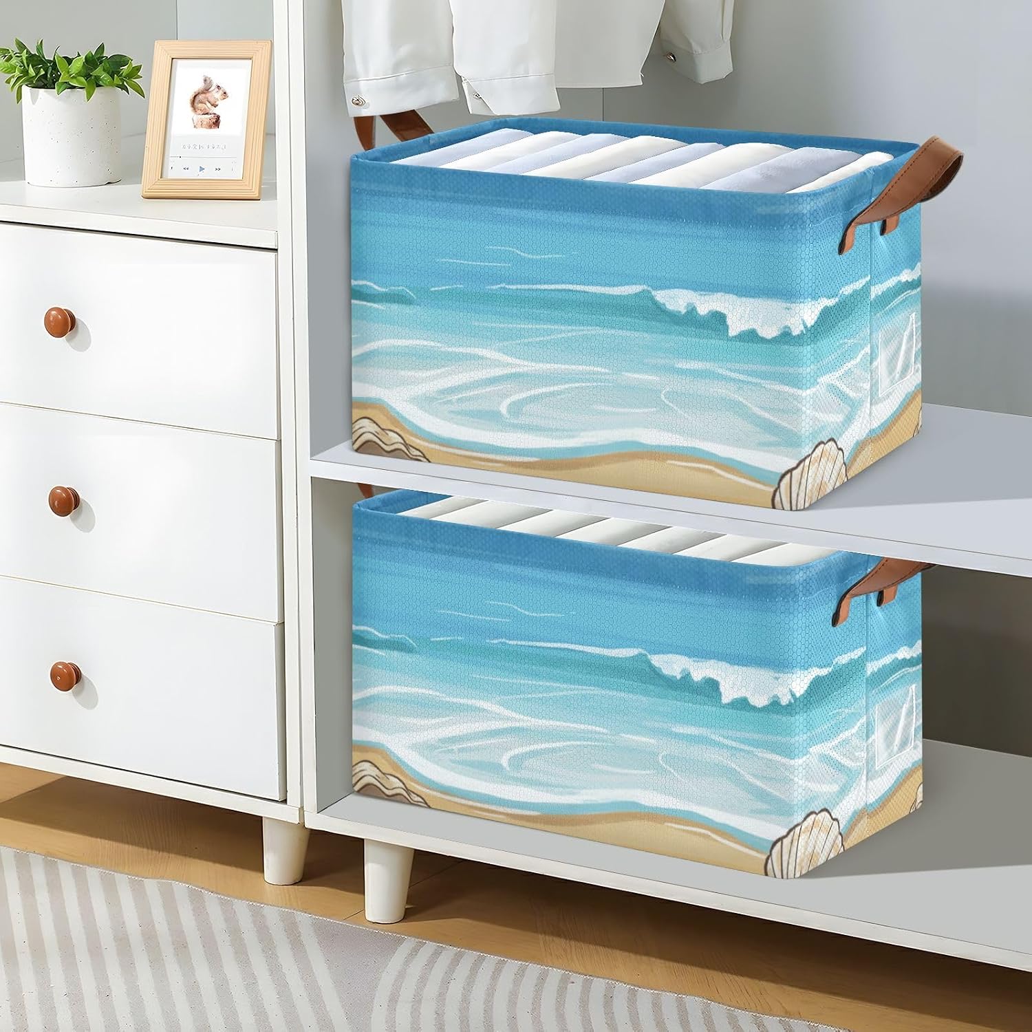 Beautiful Sandy Beach Shells Starfish Rectangular Storage Bin Collapsible storage Basket with Handles Laundry Basket for Organizing Home Kitchen Office Bedroom Toy Bin Closet Shelf Baskets 2PCS