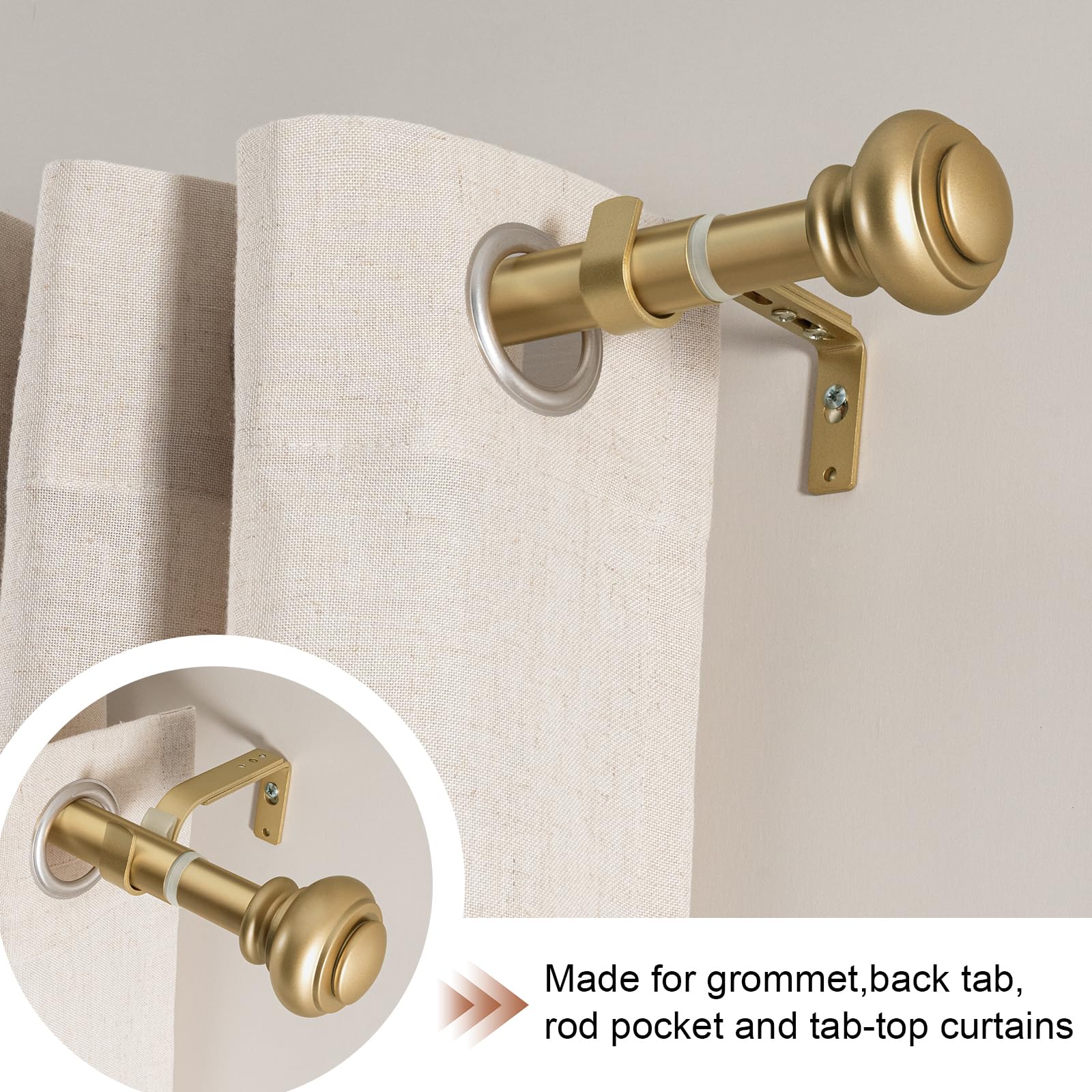 BellaHills 2 Stücks 76-190 cm Vorhangstange mit Kappenknäufen mit Halterungen, 25mm Durchmesser Gardinenstange Verstellbare Dekorative für Schlafzimmer, Wohnzimmer, Gold
