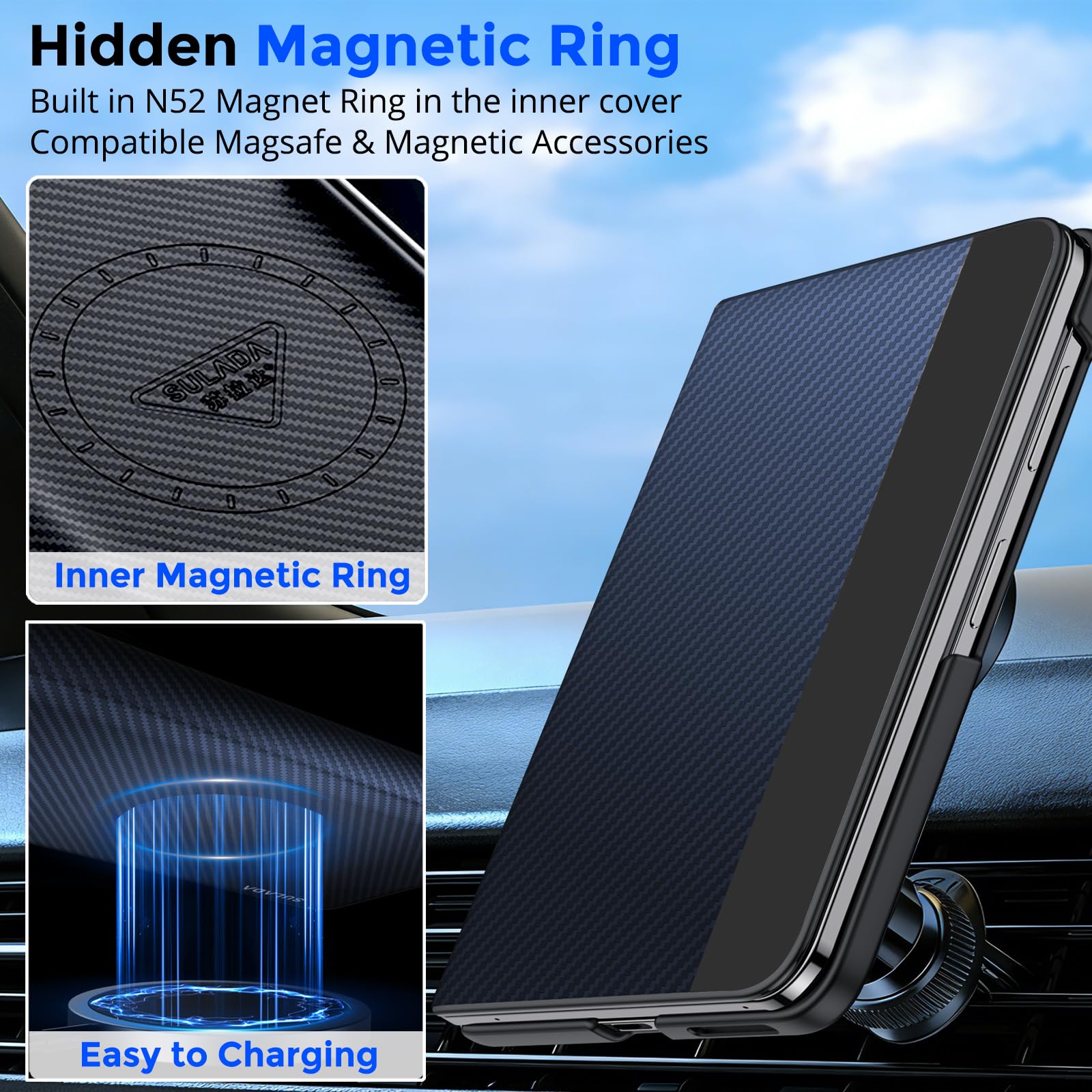 Custodia a libro per Samsung Galaxy Z Fold 8 (larga), con anello magnetico nascosto, [compatibile Magsafe] con slot per carte di credito integrato, chiusura magnetica, custodia a libro in pelle