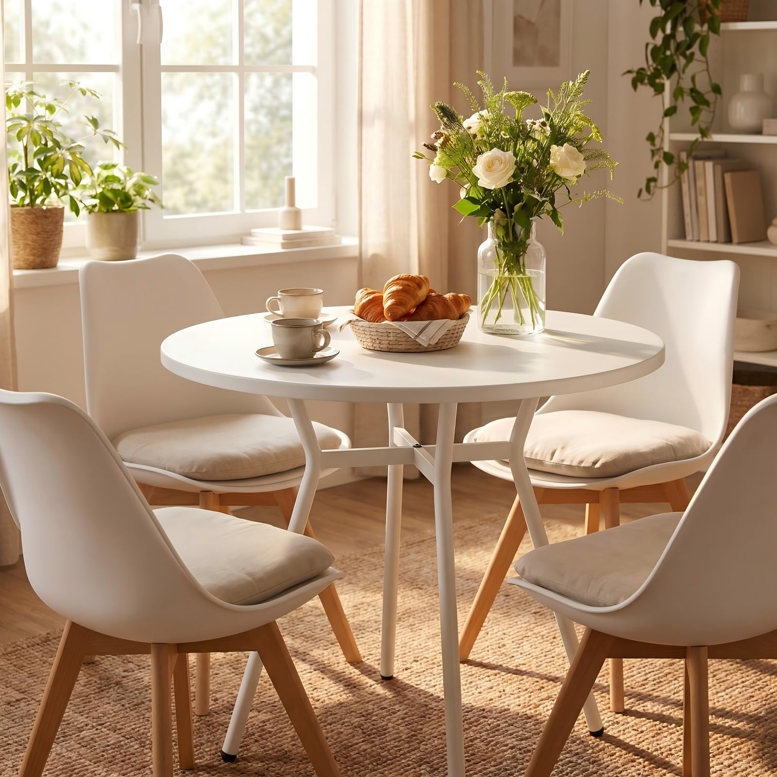 JIJIAN Mesa de Comedor Redonda 2-4 Personas 80 x 80 x 75 cm, Mesa de Cocina Compacta con Patas de Metal, Ahorra Espacio, Ideal para Cocina, Comedor, Balcón y Jardín, Blanco