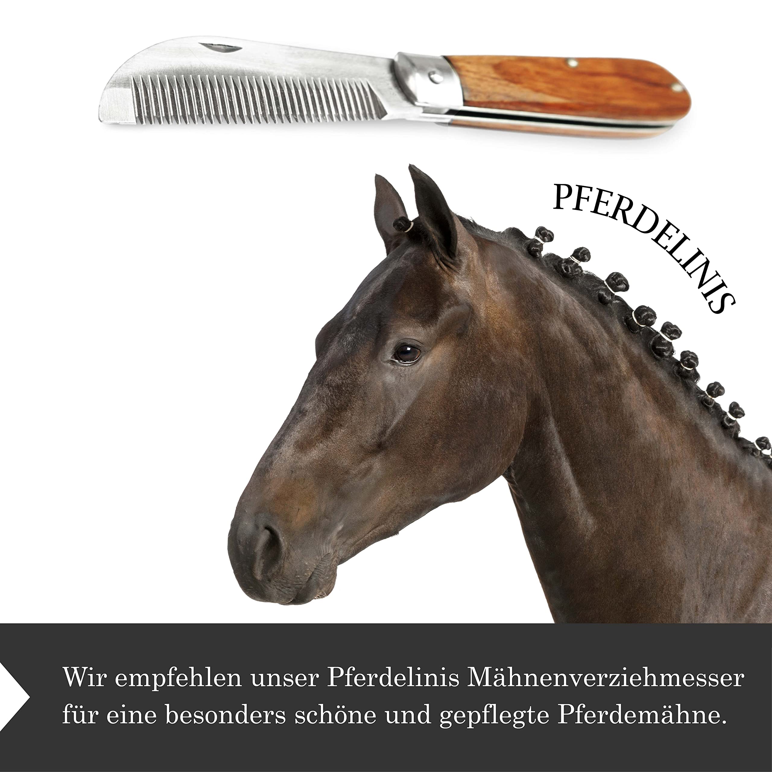 Cuchillo para crines de caballo, longitud de 18 cm, mango de madera resistente, plegable, acero inoxidable, mango de madera
