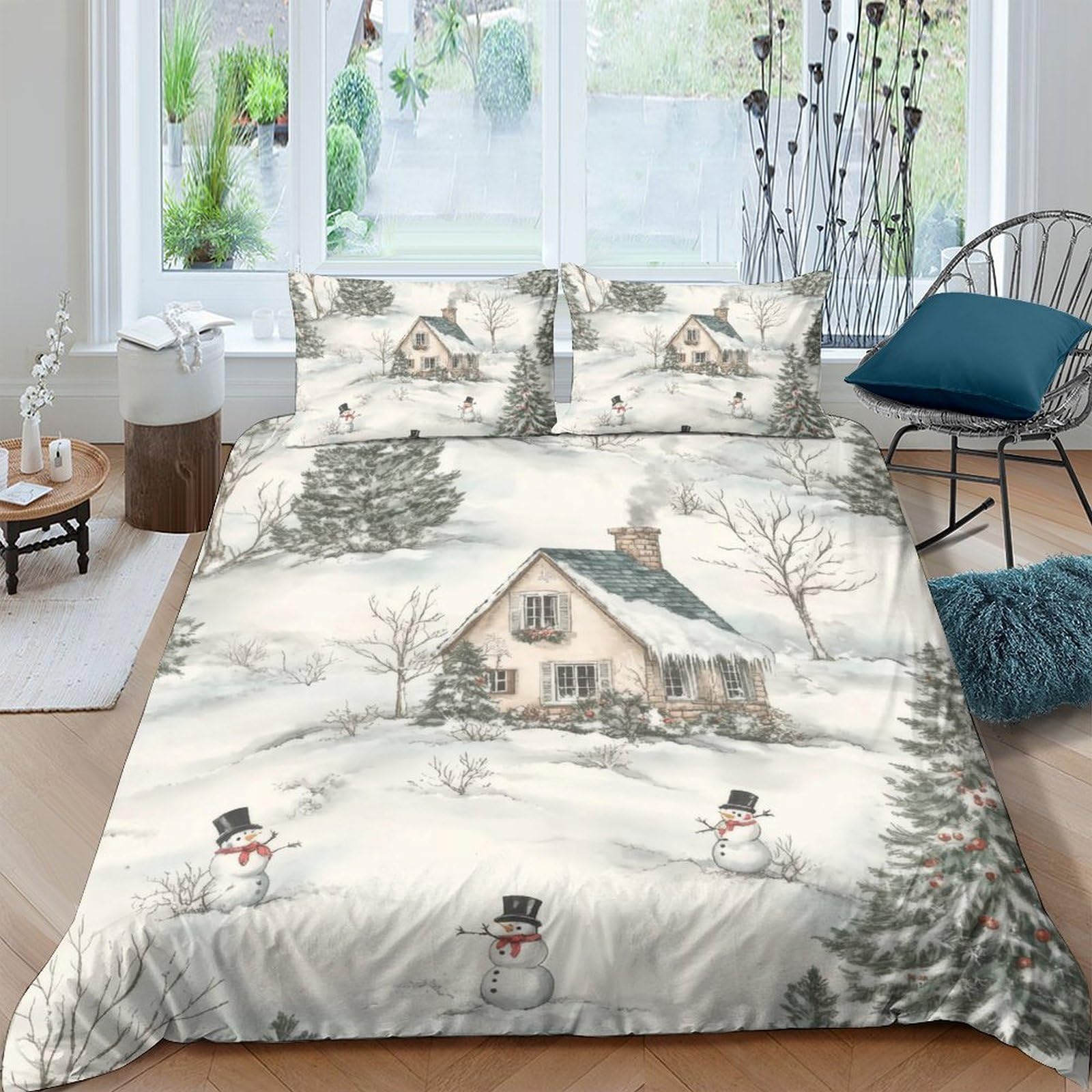 Ctjqhvkz Style-6 3D Printed Winter Cabin Fitted Sheet Microfiber Soft Snowman Landscape Bed Cover For Bedroom Guestroom Mattress Protection Single（135X200cm）