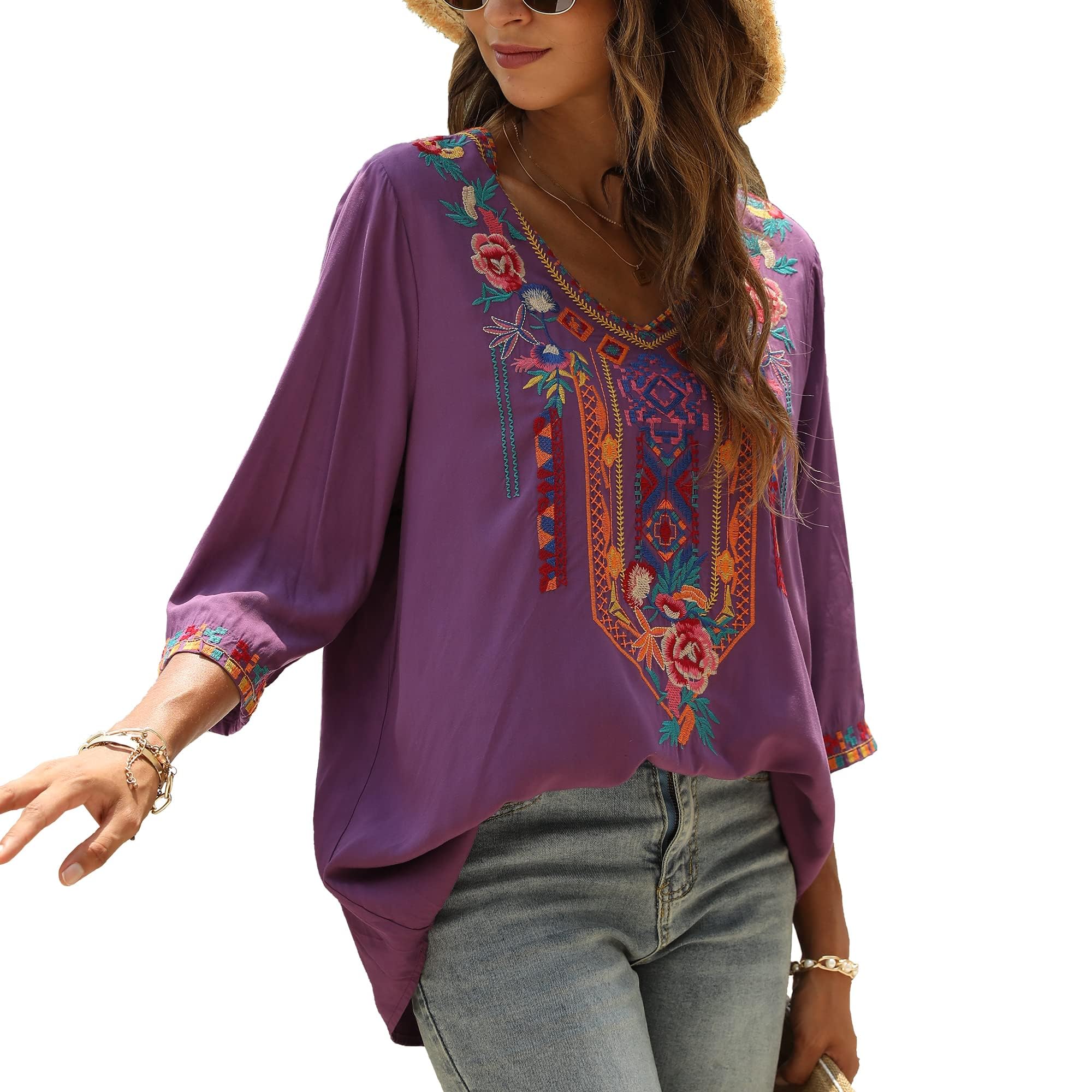 Grosy Haut brodé bohème pour femme, style hippie, chemisier paysan mexicain et tunique bohème traditionnelle, violet, Small