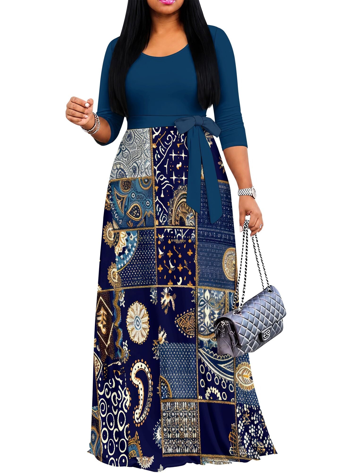 PinkPatty Women's Plus Size V Neck 3/4 Sleeve Boho Maxi Dress with Pockets | Boho printed maxi dress with pockets and tie waist for travel, vacations, weddings, church, parties, and daily wear