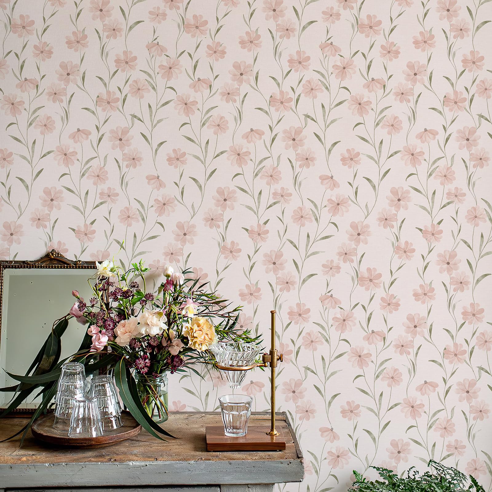 JiffDiff Floral Wallpaper Peel and Stick Pink Daisy Wall Paper Summer Flowers Nursey Room Self Adhesive Contact Paper Stick on Wall Decor for Bedroom Cabinets Bathroom(118" X 17.3", Pink Floral)