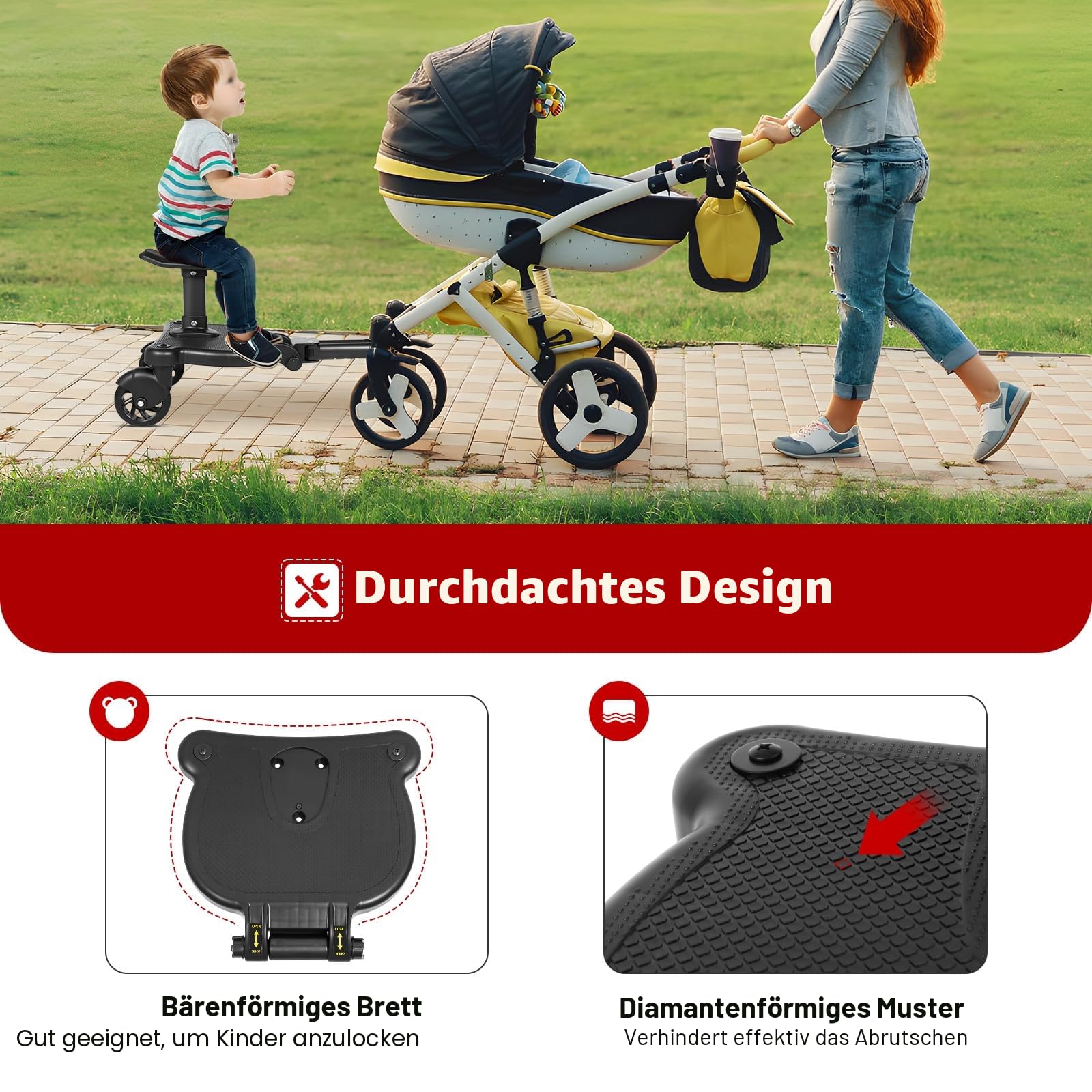 Buggy Board mit Sitz, universelles Trittbrett für Kinderwagen mit 360°-Zweirad-Design, belastbar bis 25 kg, Mitfahrbrett universal passend für alle Kinderwagen