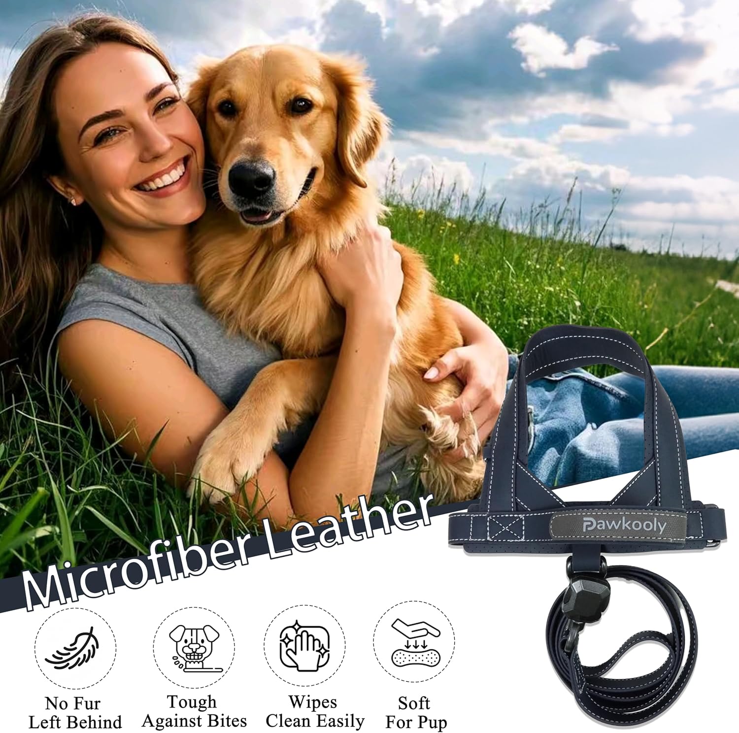 MagEase No Pull Dog Harness with 4FT Leash | Anti-Wrinkle, Anti-Bite Microfiber Leather | Ultra-Soft, Skin-Friendly | 450LB Escape-Proof Magnetic Buckle, Easy On/Off (Dark Blue, Medium)