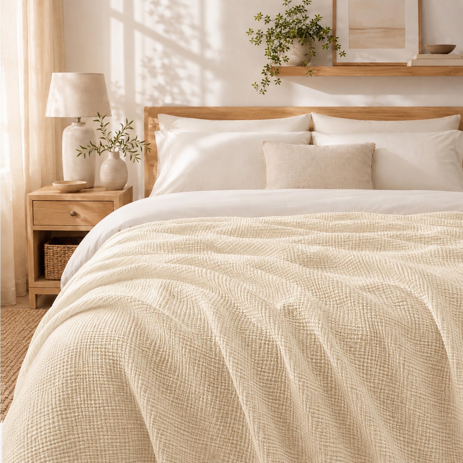 Coperta in mussola, 150 x 200 cm, 6 strati, in 100% cotone, prelavata, morbida e traspirante, leggera coperta estiva per letto e divano (beige chiaro)
