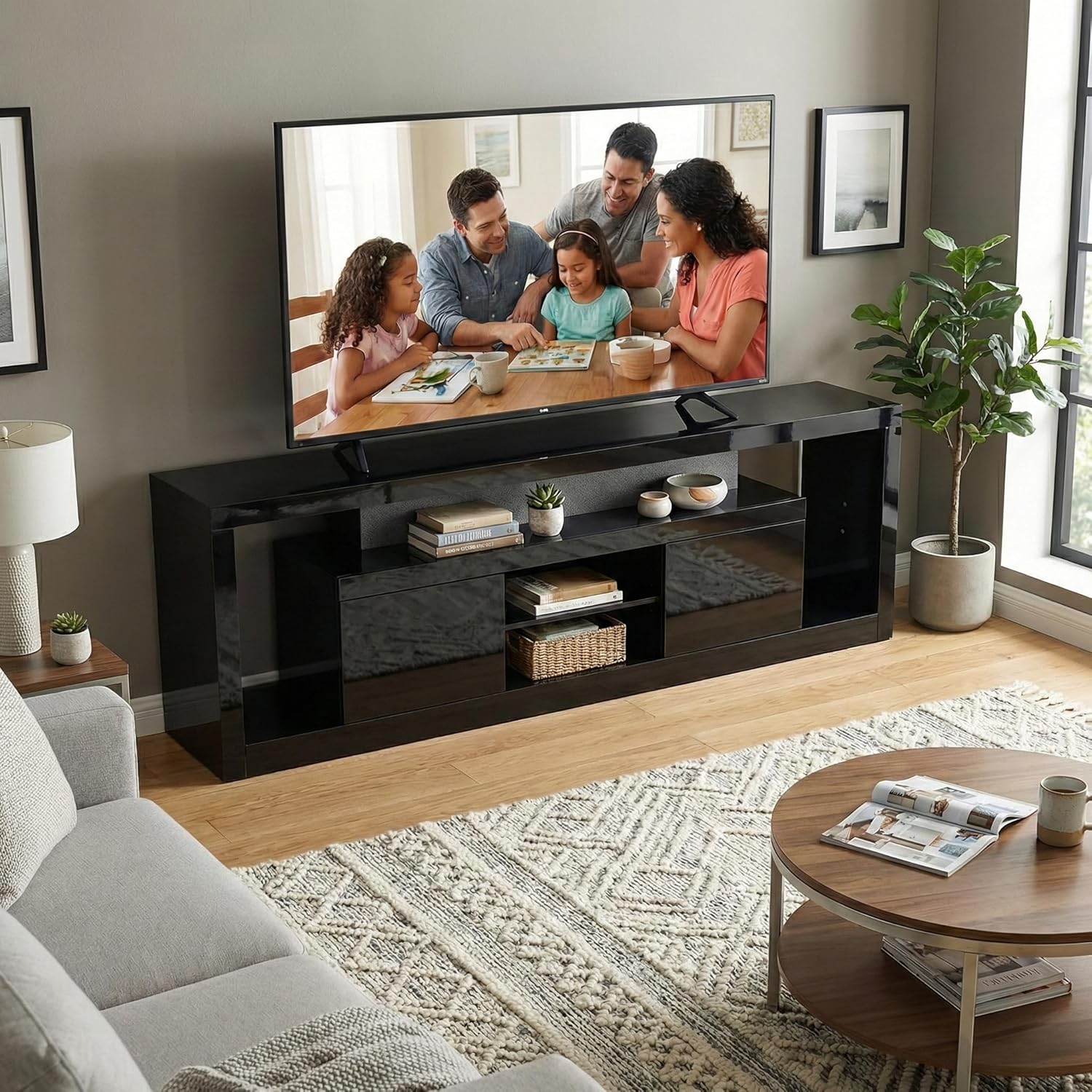 70 Inch TV Stand with LED Lights & Power Outlet, Modern Entertainment Center with Color-Changing RGB LED Strip, Sound Sync, App/Remote Control, High Gloss Black Media Console Table for Living Room