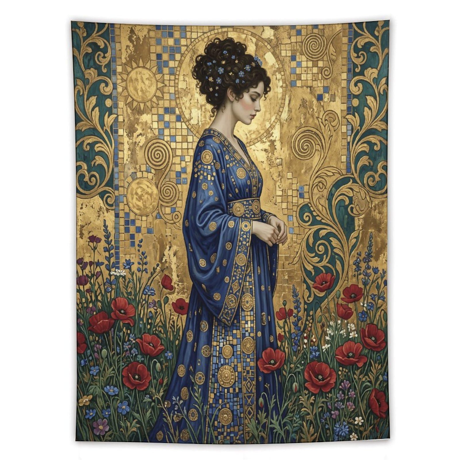 W7C8U2X3 Floral Golden Mosaic Woman Wall Tapestry, Byzantine Inspired Art