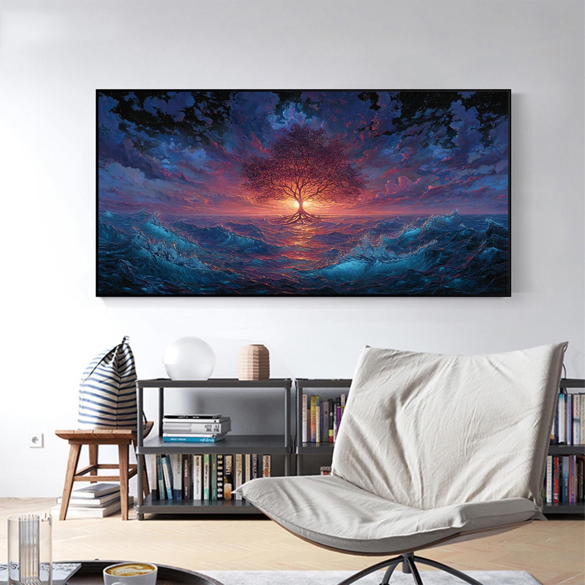 LMYCHENG Pintura al óleo de un árbol en el océano, imágenes abstractas de un amanecer, arte mural de paisajes, obra de arte en lienzo de estilo nórdico (80x160cm/marco interno)