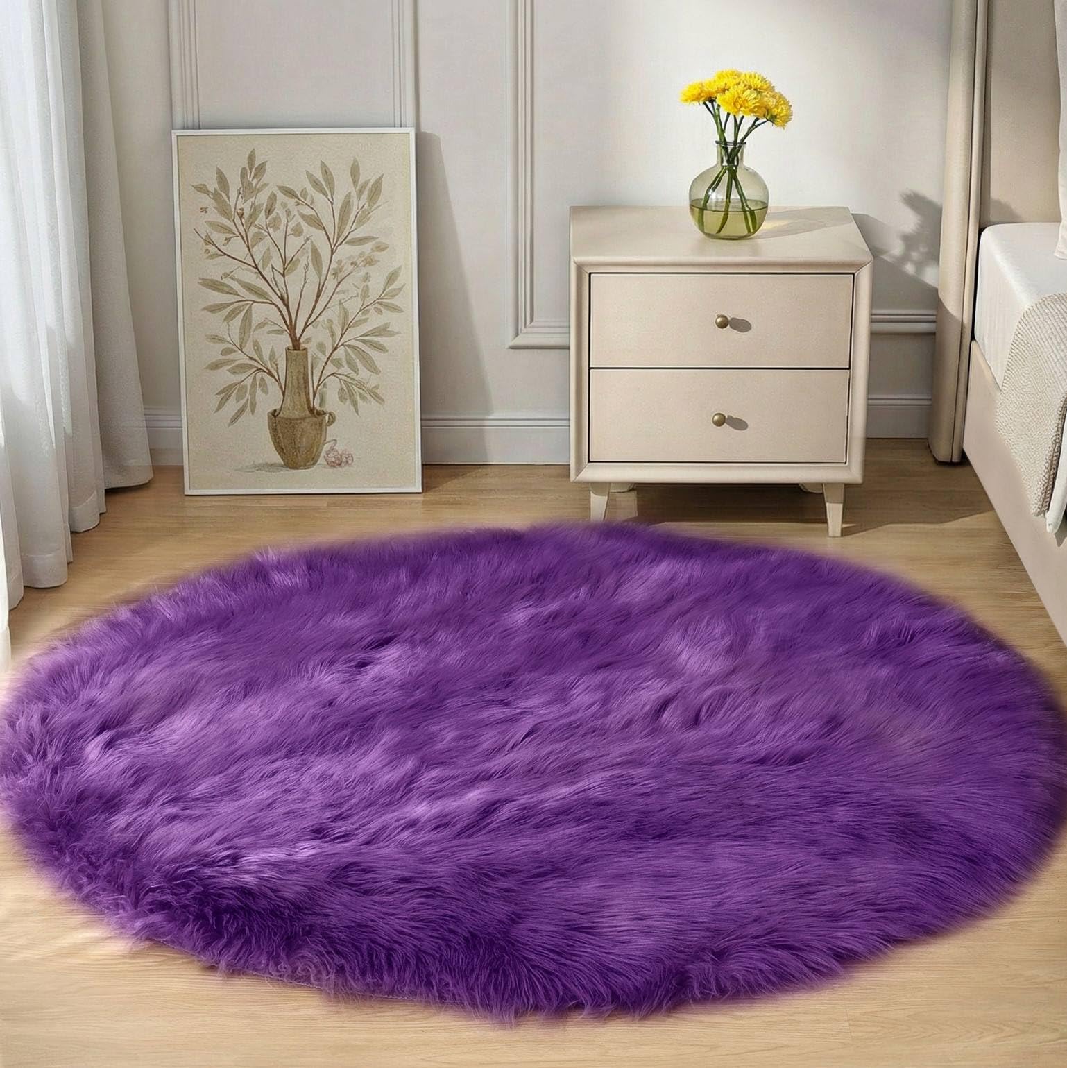 Goolela Purple Circle Rug 4ft Fluffy Round Faux Sheepskin Fur Rug for Bedside Bedroom Décor Soft Plush Fuzzy Furry