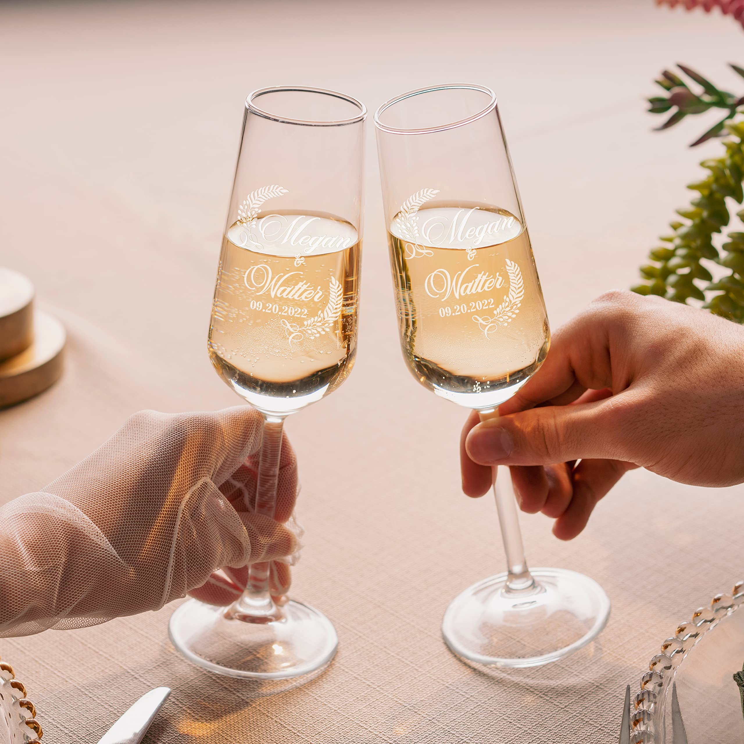 Set of 2, Personalized Wedding Flutes for Bride and Groom, 7 oz, Mr and Mrs Champagne Glasses for Engagement with Your Names and Date - D4