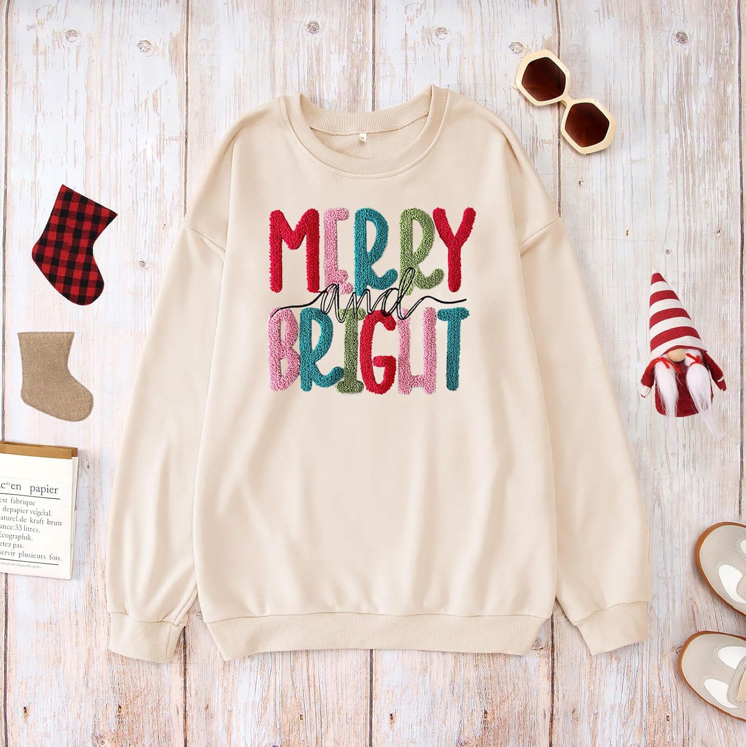 Christmas Sweatshirt Women Merry And Bright Christmas Pullover Shirt Novelty Chenille Patch Xmas Gift Holiday Top - Image 7