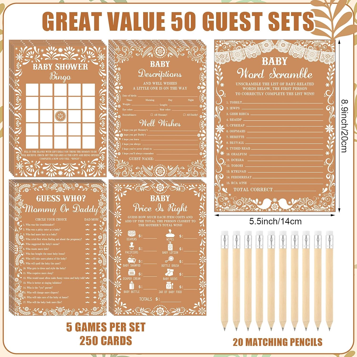 Patelai 321 Pcs Cielito Lindo Themed Baby Shower Games 5 Games Baby Shower Bingo Word Scramble Description and Wishes Price Is Right Guess Who Mom or Daddy Clothespin Pencil