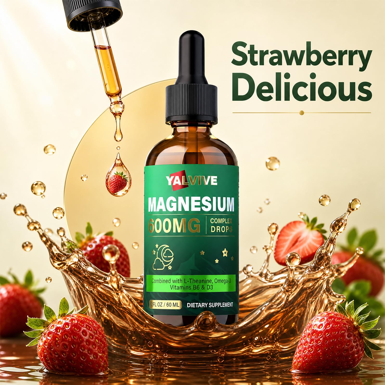 Magnesium Glycinate Liquid Drops 600mg, High Absorption Magnesium Complex with L-Theanine, Omega-3, B6, D3, Lemon Balm | Calm Sleep Brain Nerve Bone Support | 2 Fl Oz Strawberry Flavor — Amazon image 4