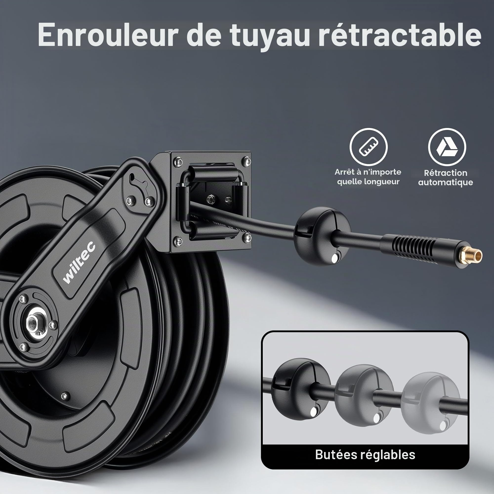 Wiltec Dévidoir automatique avec tuyau hybride 20 m + 2 m – Montage mural – En PVC, caoutchouc, acier – Enrouleur de tuyau pneumatique 20 bar – Pivotable à 180° – Connexion 1/4"