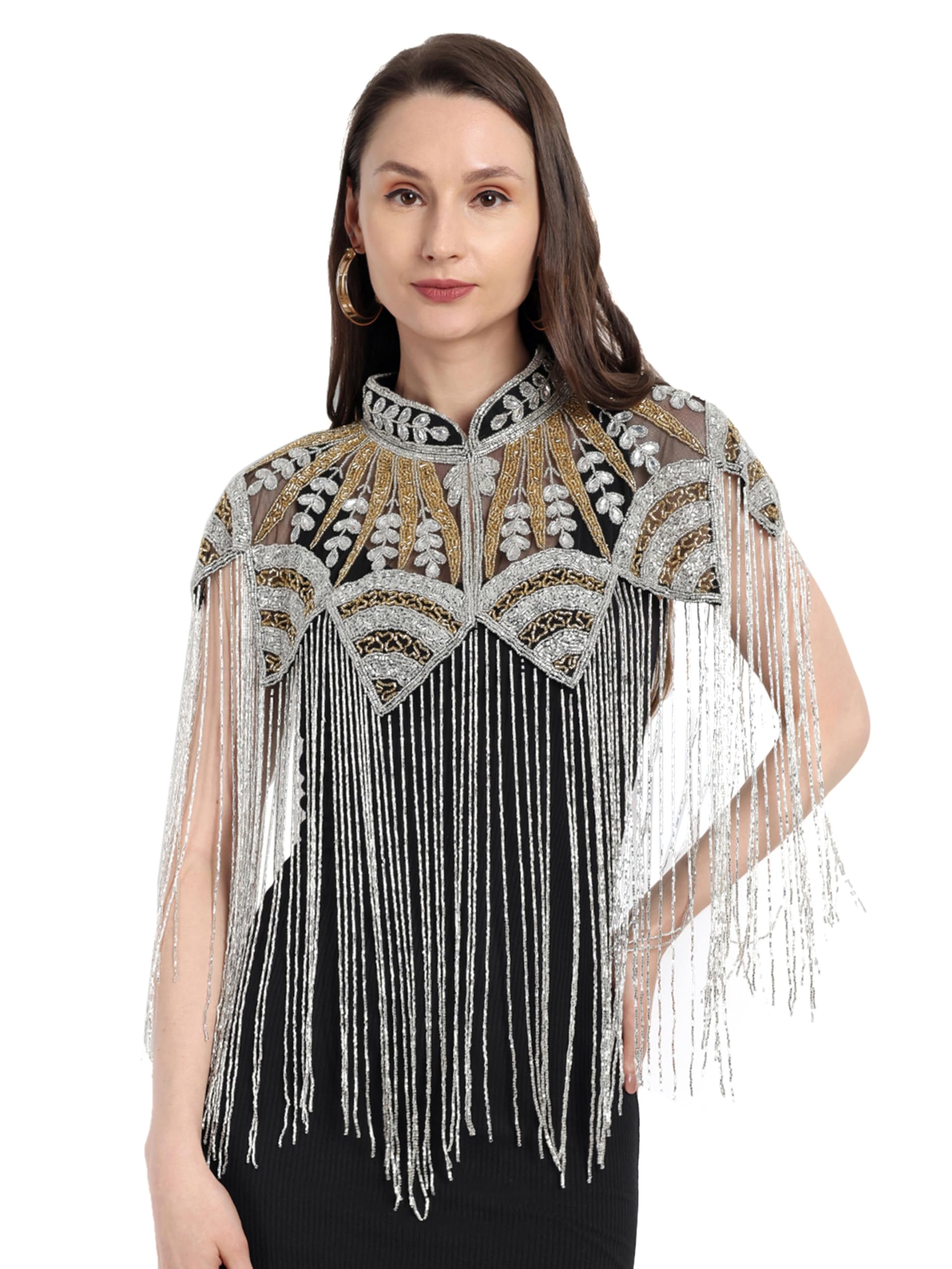 Women Net Embellished Beads Cape Poncho