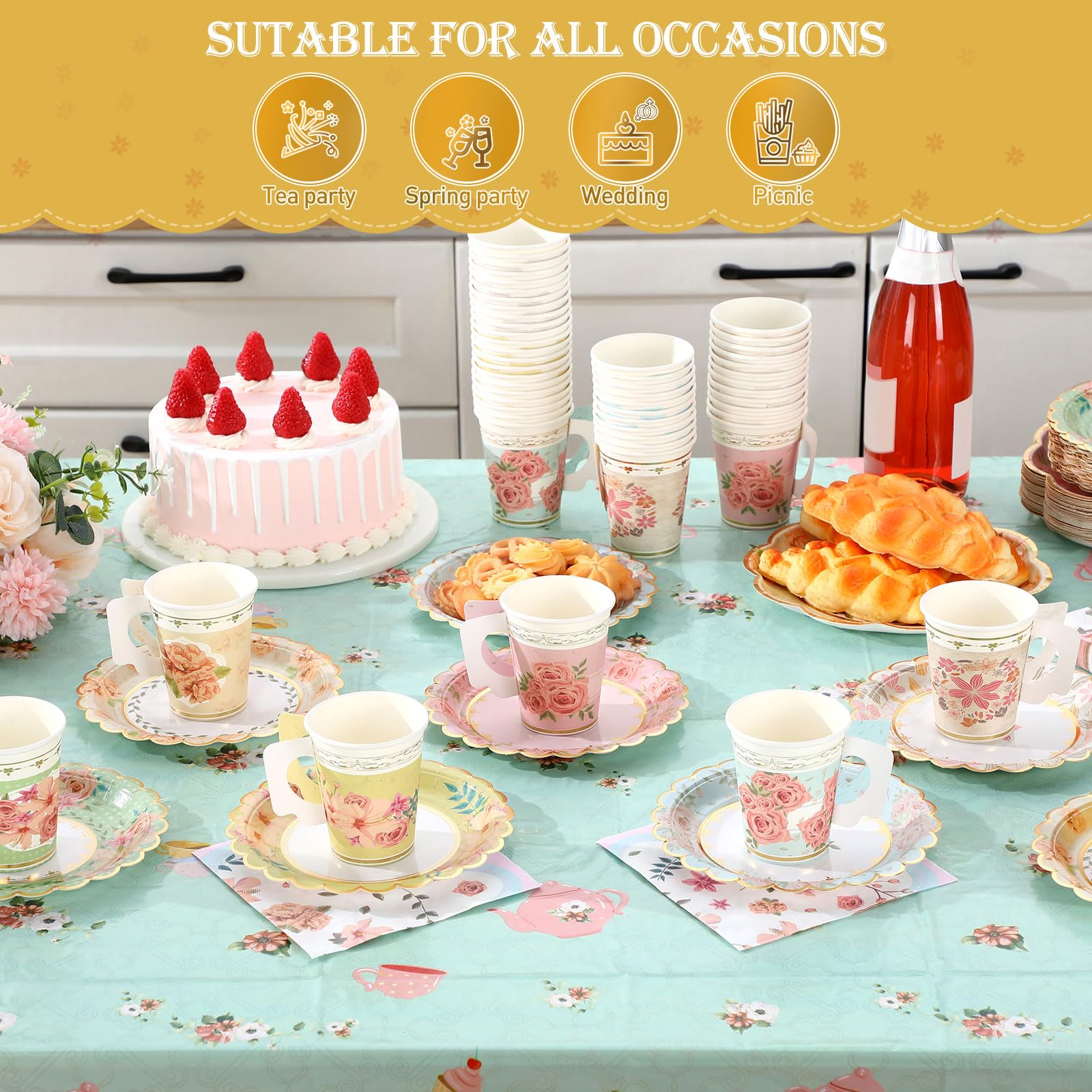 Yungyan 193-teiliges Einweggeschirr-Set mit 266 ml Pappbecher mit Griff, 17,8 cm 22,9 cm Pappteller, Servietten, Tischdecke für Blumen-Teeparty, Hochzeit, Geburtstag, 193-teilig