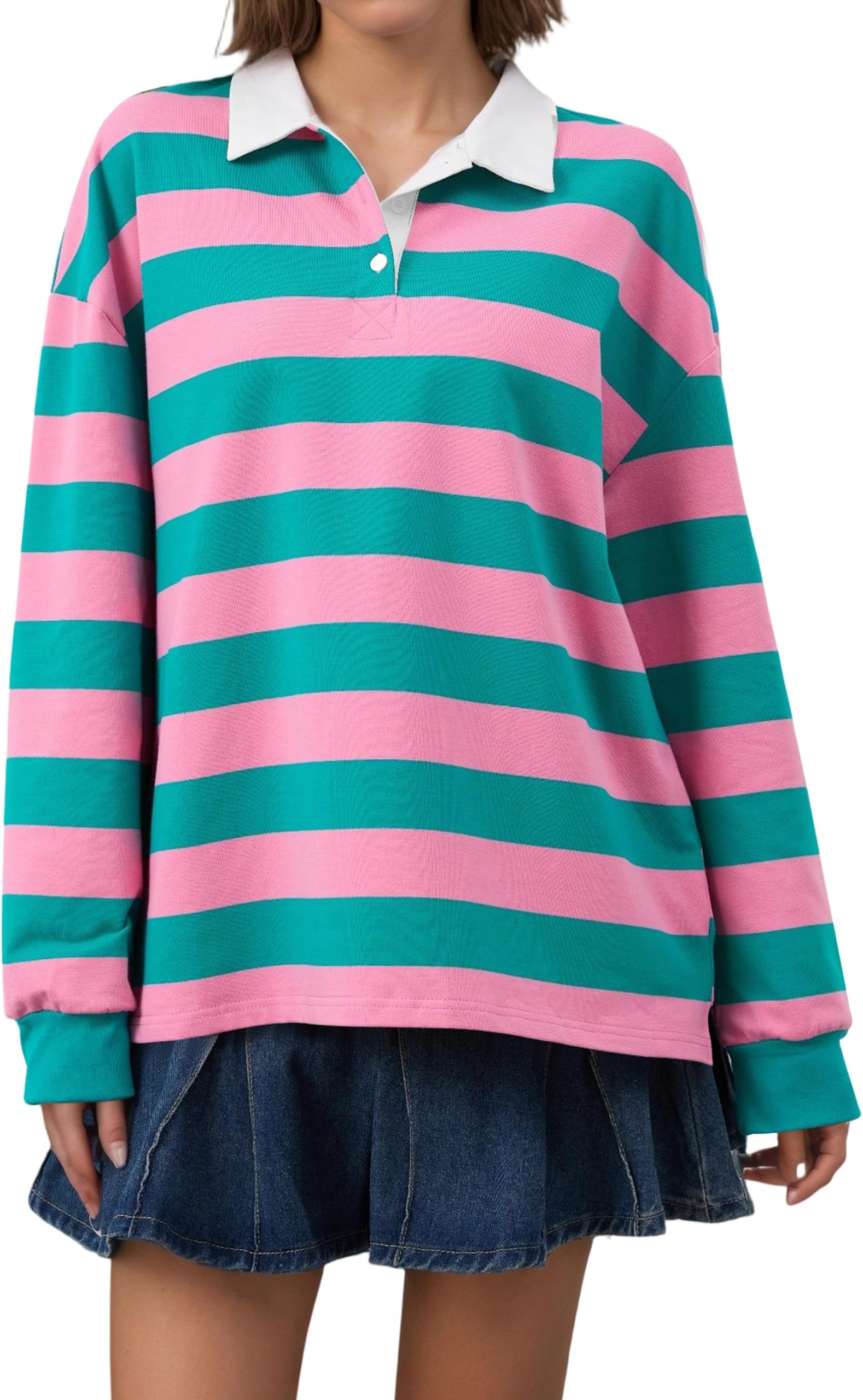 Meladyan Rugby Shirt Women Polo Striped Sweatshirt Oversized Long Sleeve Lapel V Neck Pullover Top Y2K Streetwear Blouses