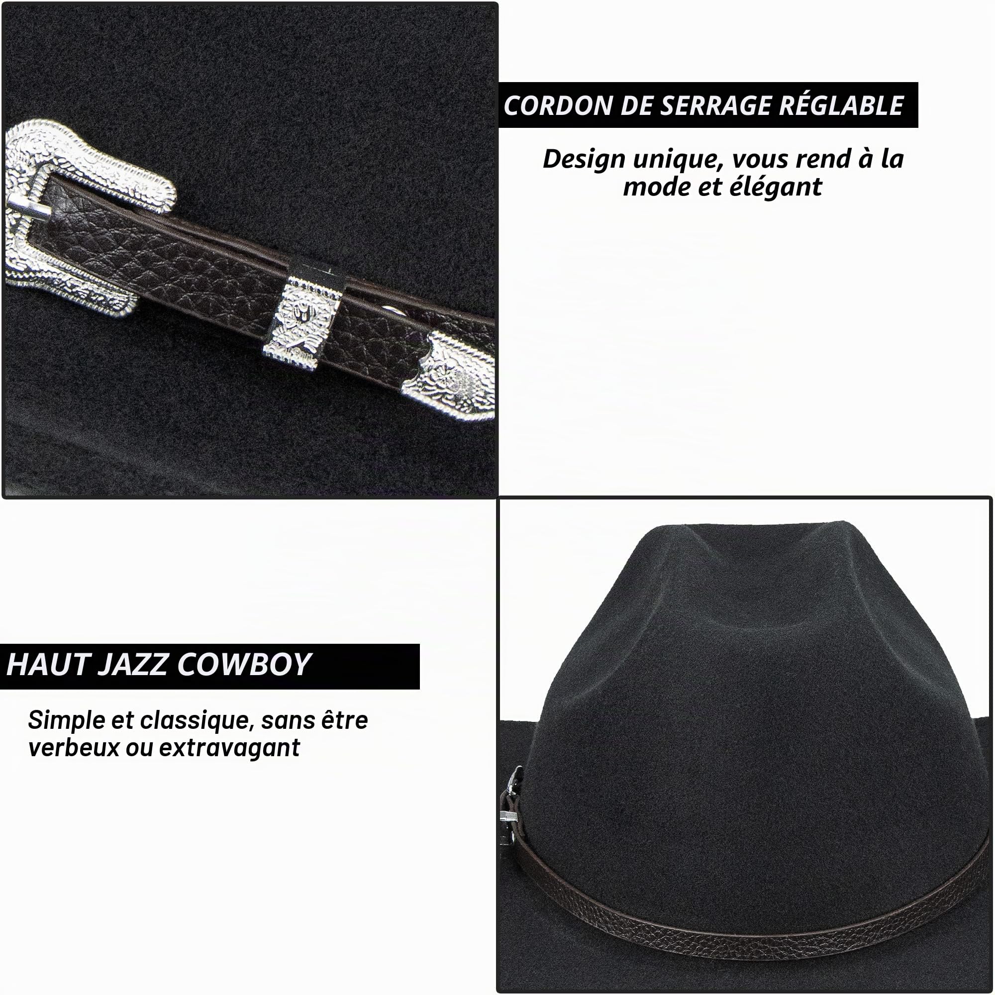 Chapeau de Cowboy Classique pour Femme - Chapeau de Cowboy à Large Bord avec Ceinture à Boucle (Vert agre), Noir, Taille L