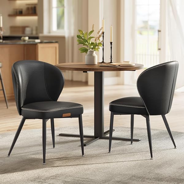 VASAGLE EKHO Collection - Dining Chairs Set of 2, Upholstered Kitchen Chairs, Comfortable Seat, Synthetic Leather with Stitching, Mid-Century Modern, Easy Assembly, Living Room Lounge, Ink Black - 1