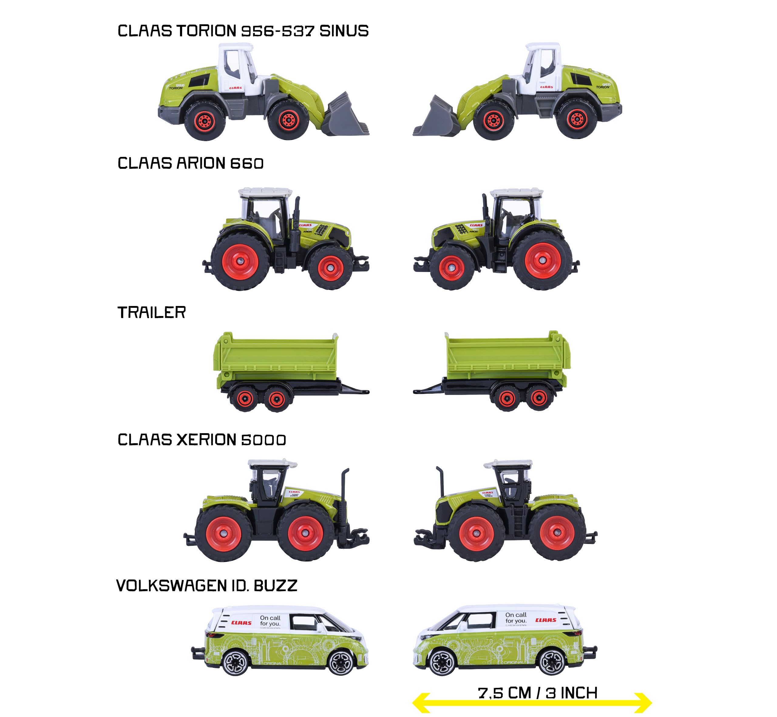 Majorette, Vehículos de Granja Claas, Giftpack Set 5 de vehículos, Metal, Escala 1:64, 7,5 cm, Rueda Libre, Caja Decorada,3 años (8503105002)