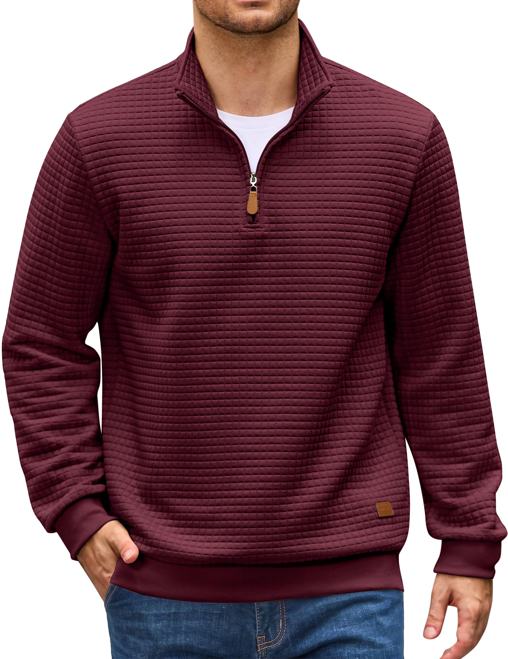 COOFANDY Men's Quarter Zip Pullover Sweatshirts 1/4 Zip Long Sleeve Sweater | Mock Neck Sweater Polo, Casual Business Winter Fall, Leather label and Zipper Pull, quilted fabric with a grid pattern
