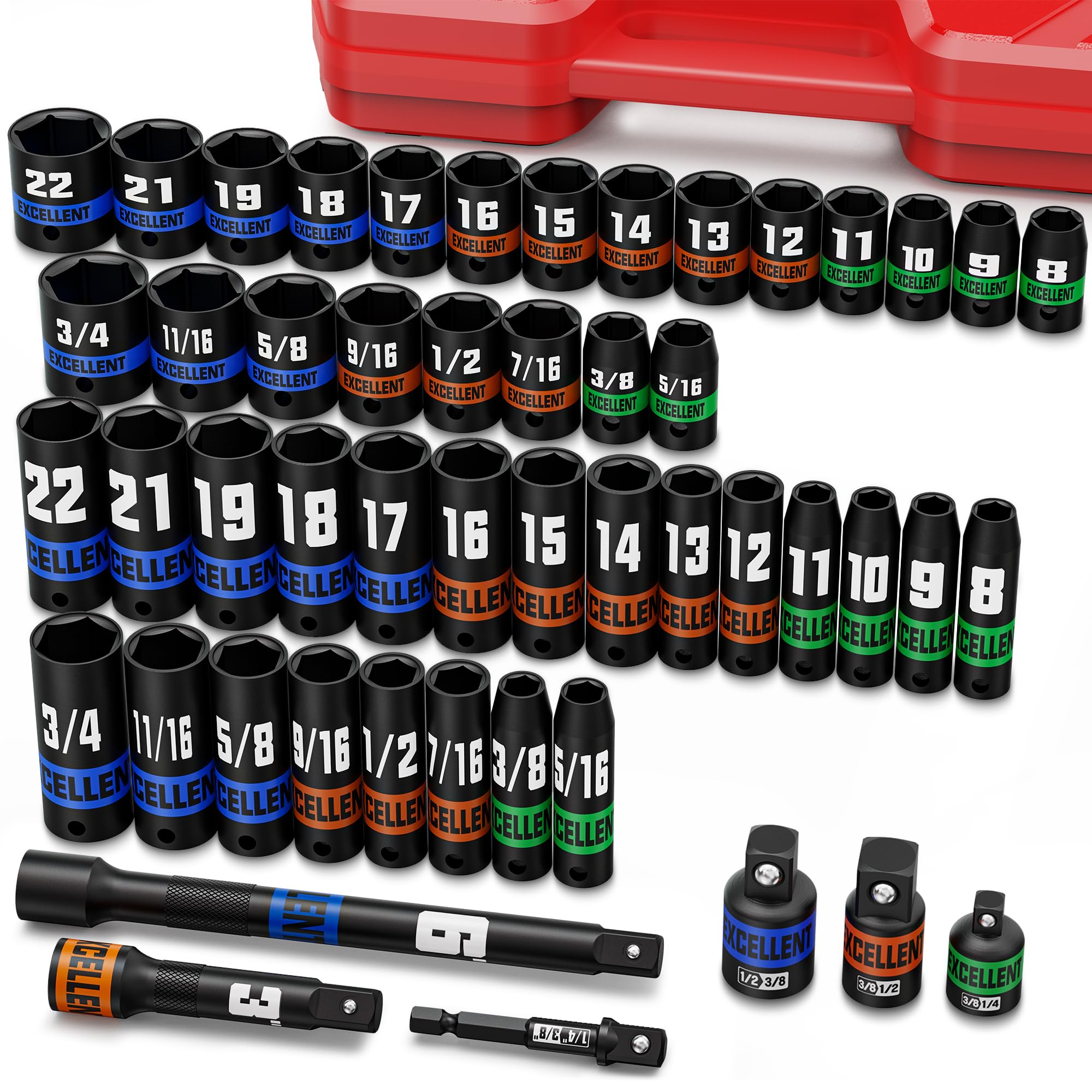 50 Tlg Schlagschrauber Nüsse Set, 3/8 Zoll Schlagnüsse, Standard nach SAE (5/16" – 3/4") und metrische (8 mm – 22mm) CRV Stahl, 6-kantig, mit Verlängerungsstangen und Adaptern