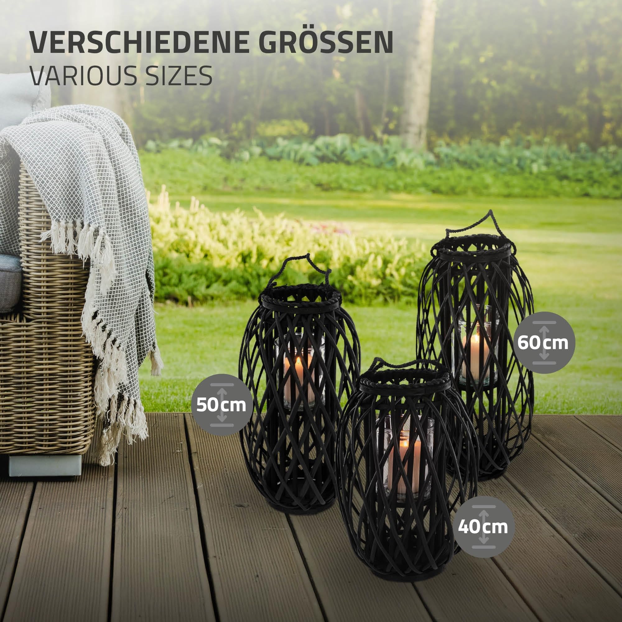 ECD Germany Linterna Estilo Ratán Portavelas 60 x Ø 27 cm Negro con Aspecto de Mimbre de Caña Natural Tejido Trenzado Robusto Luz de Vela Decorativa Farola para Mesa en Terraza Salón Jardín