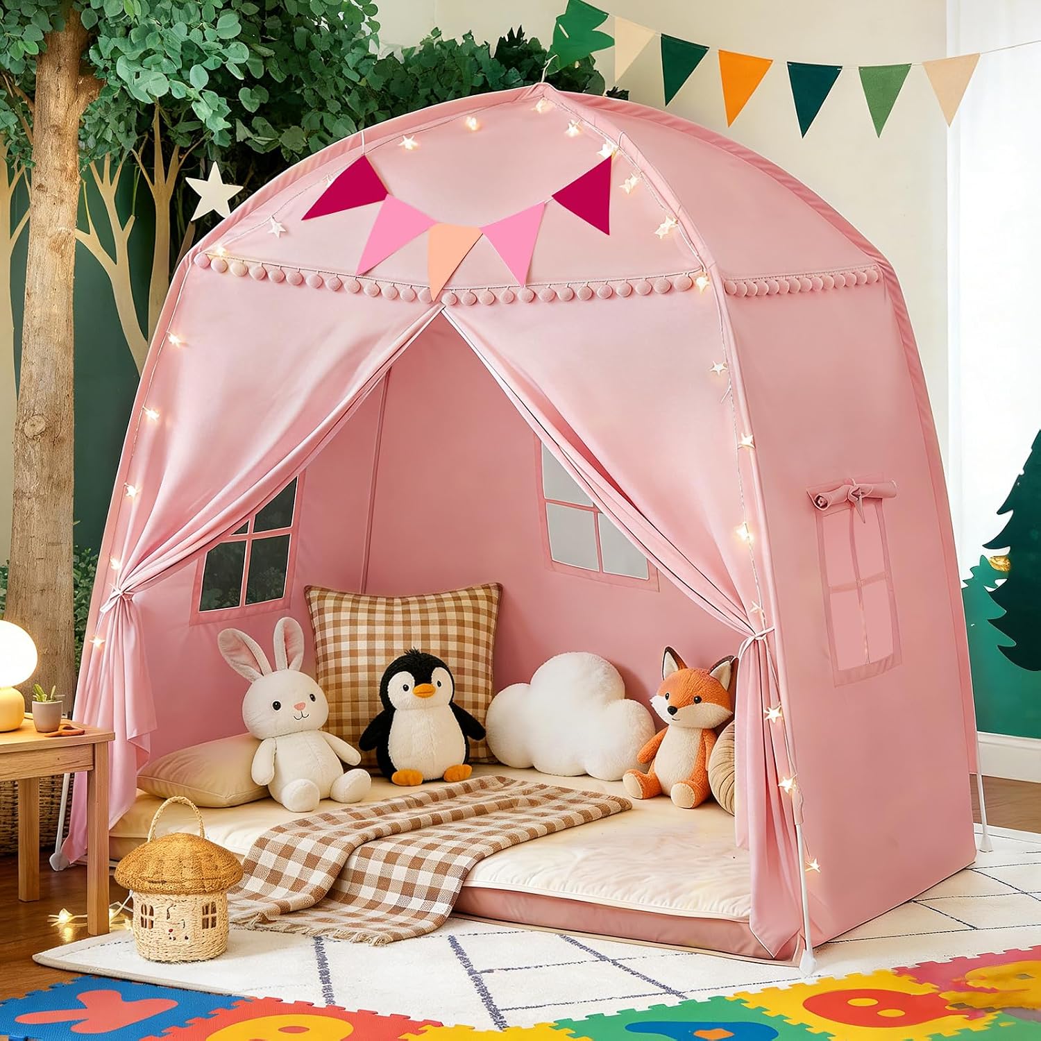 Large Teepee Tent for Kids: with Star Lights & Flags - 3-Window Cone Ball Playhouse for Indoor & Outdoor - Portable & Foldable Gift for Boys & Girls - Cream, 59.1"x39.4"x59.1"