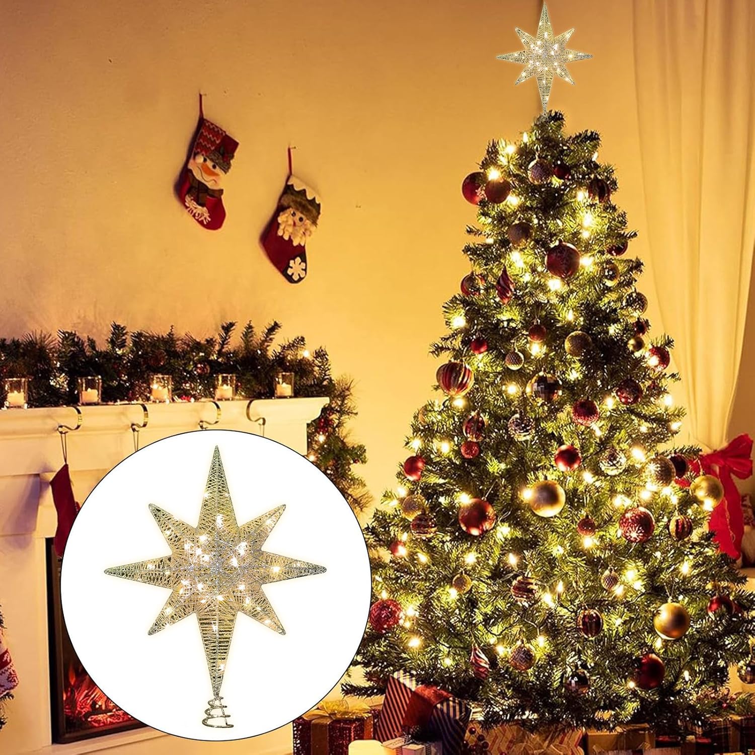 LAMPHOME Christmas Star Tree Topper, Lighted 14.5” Gold Star Tree Toppers with 100 LED Lights Christmas Tree Top Ornament for New Year Holiday Home Office Indoor Decorations - Image 4