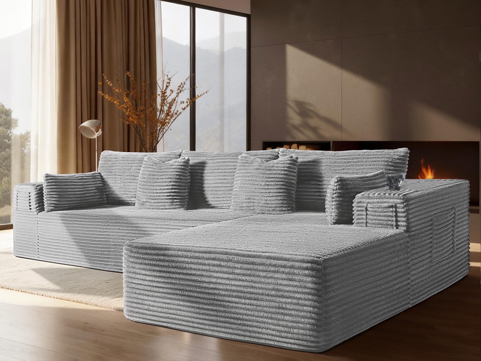 108" Oversized Cloud Sectional Couch, Comfort L Shaped Boneless Couch for Living Room, Extra Deep Seats No Assembly, Minimalist Modular Sofa, Corduroy (Light Grey, 2 seater+Right Facing Chaise)