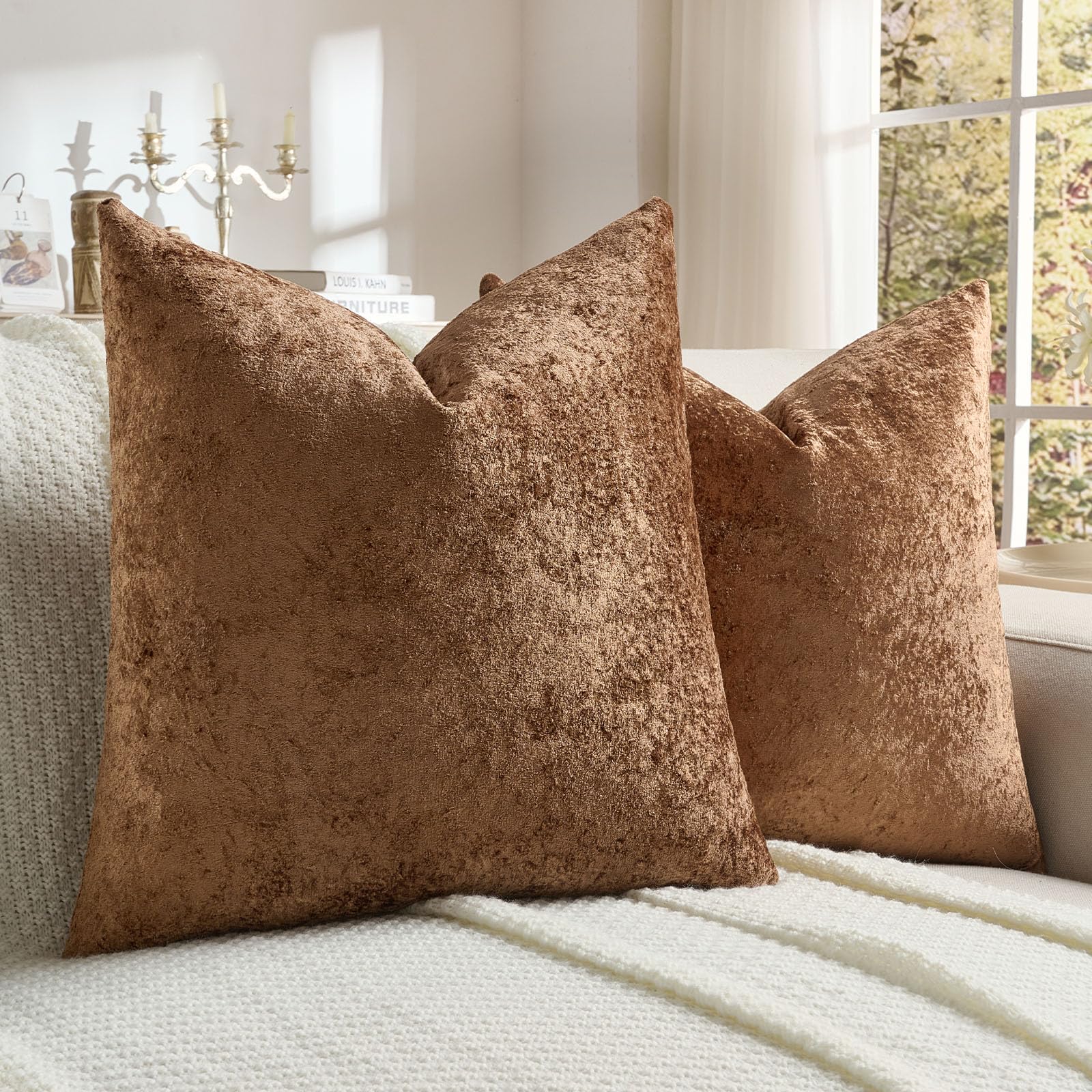 FUTEI Set of 2 Soft Flannel 40x40 cm Cushion Covers Crushed Textured Solid Scatter Pillow Covers 40 x 40 cm Modern Accent for Sofa Bedroon Living Room, Dark Brown — image 1