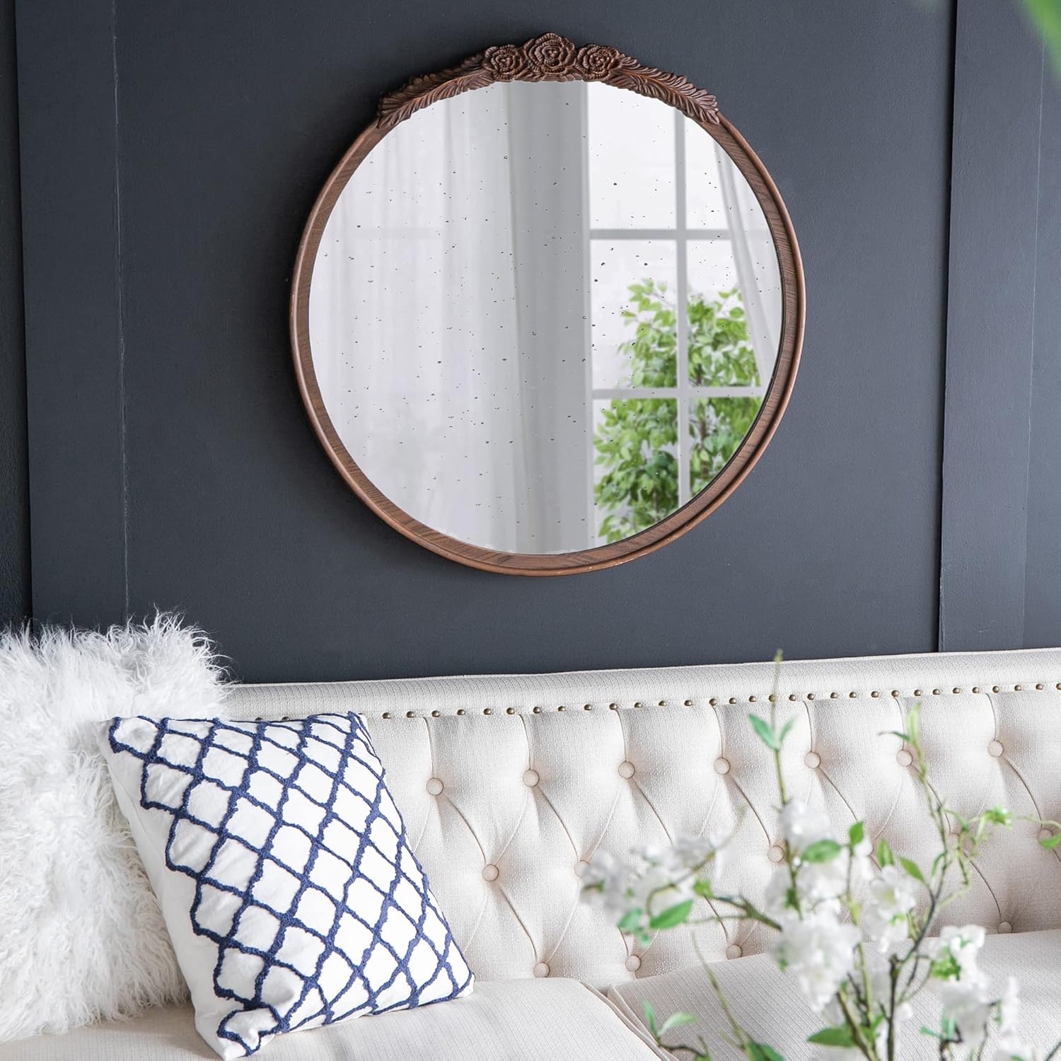 A&B Home Round Wood Mirror - 30" Circle Mirror with Hand Carved Antique Mirror Frame,Bathroom Living Room Bedroom Entryway Vanity Mirror, Dark Brown