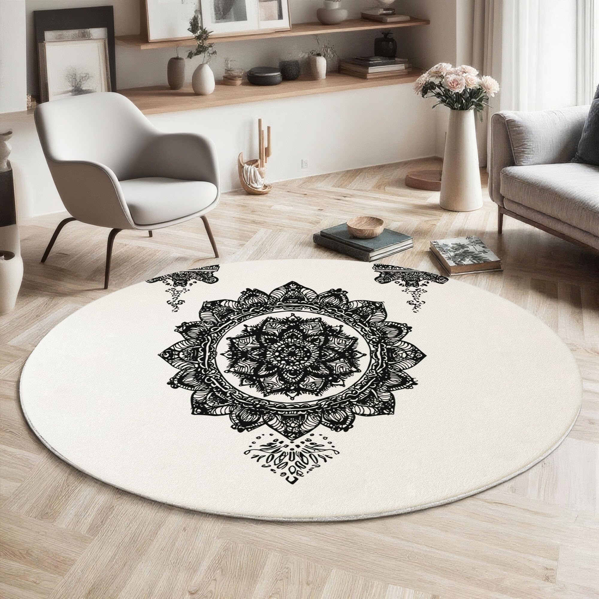 Tapis Rond Mandala Noir Et Blanc pour Salon, 180cm Circulaire Tapis Art Géométrique Minimaliste Douce Lavable Et Antidérapante pour Chambre Intérieure, Blanc
