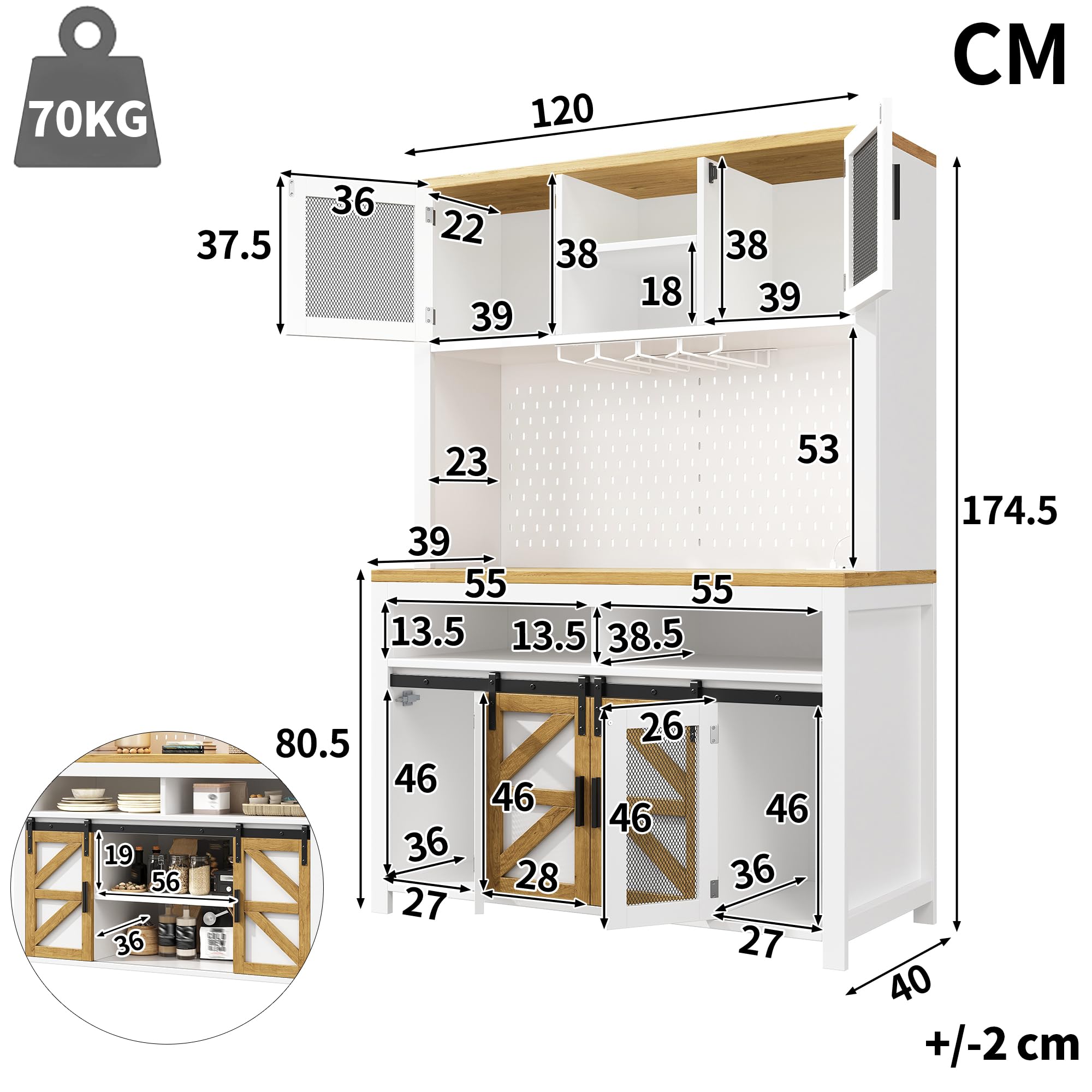 Küchenschrank mit LED-Beleuchtung und USB-Anschluss, Hochschrank mit Multifunktionaler Stauraum, Buffetschrank mit Metallgittertüren und Lochblech, Weiß-B, 120x40x174.5 cm