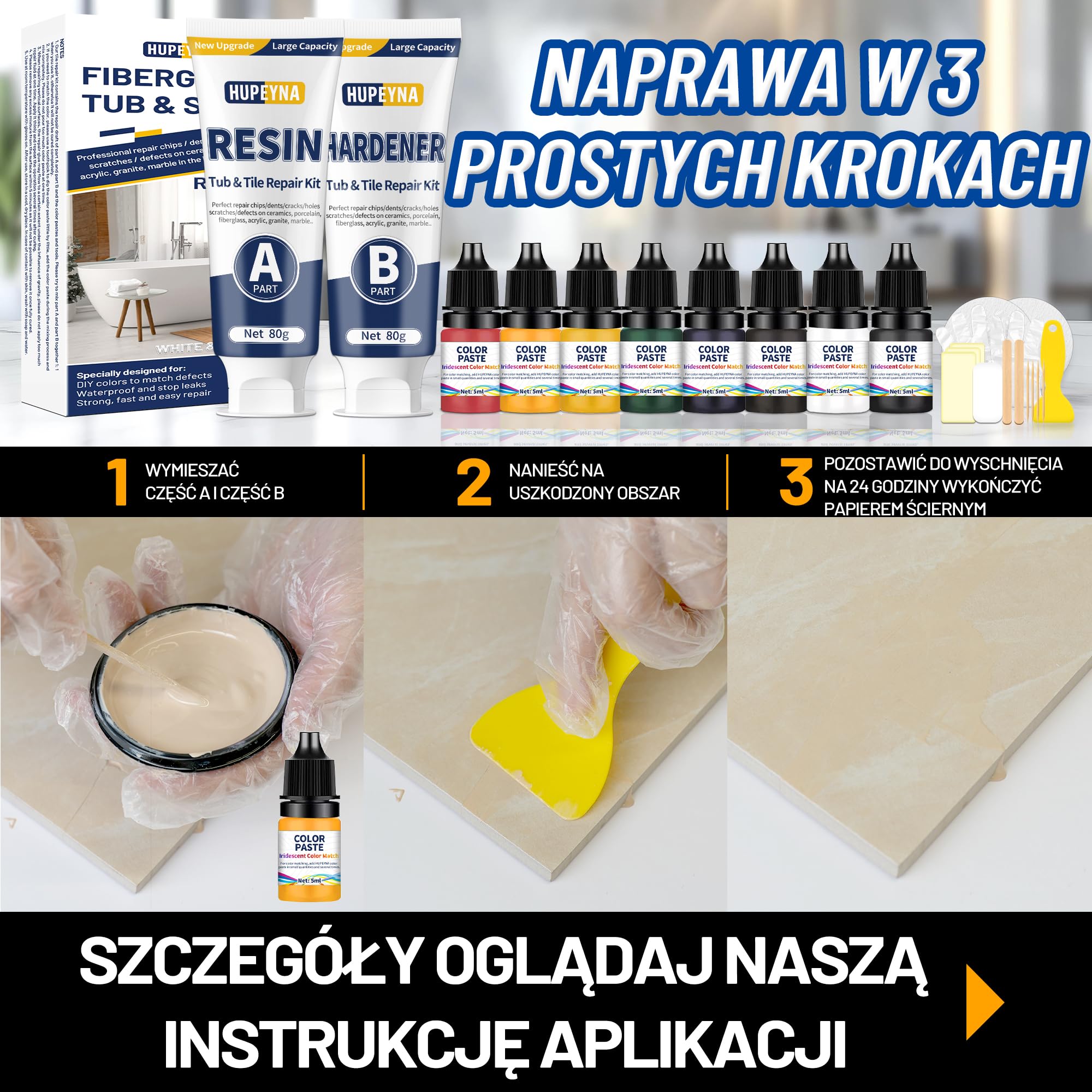 Zestaw naprawczy do wanien, zestaw naprawczy do płytek, akryl, ceramika, emalia, kuchnia, łazienka, naprawa odprysków, pęknięć, zadrapań, dziur rdzy na porcelanowej umywalce, wannie, toalecie