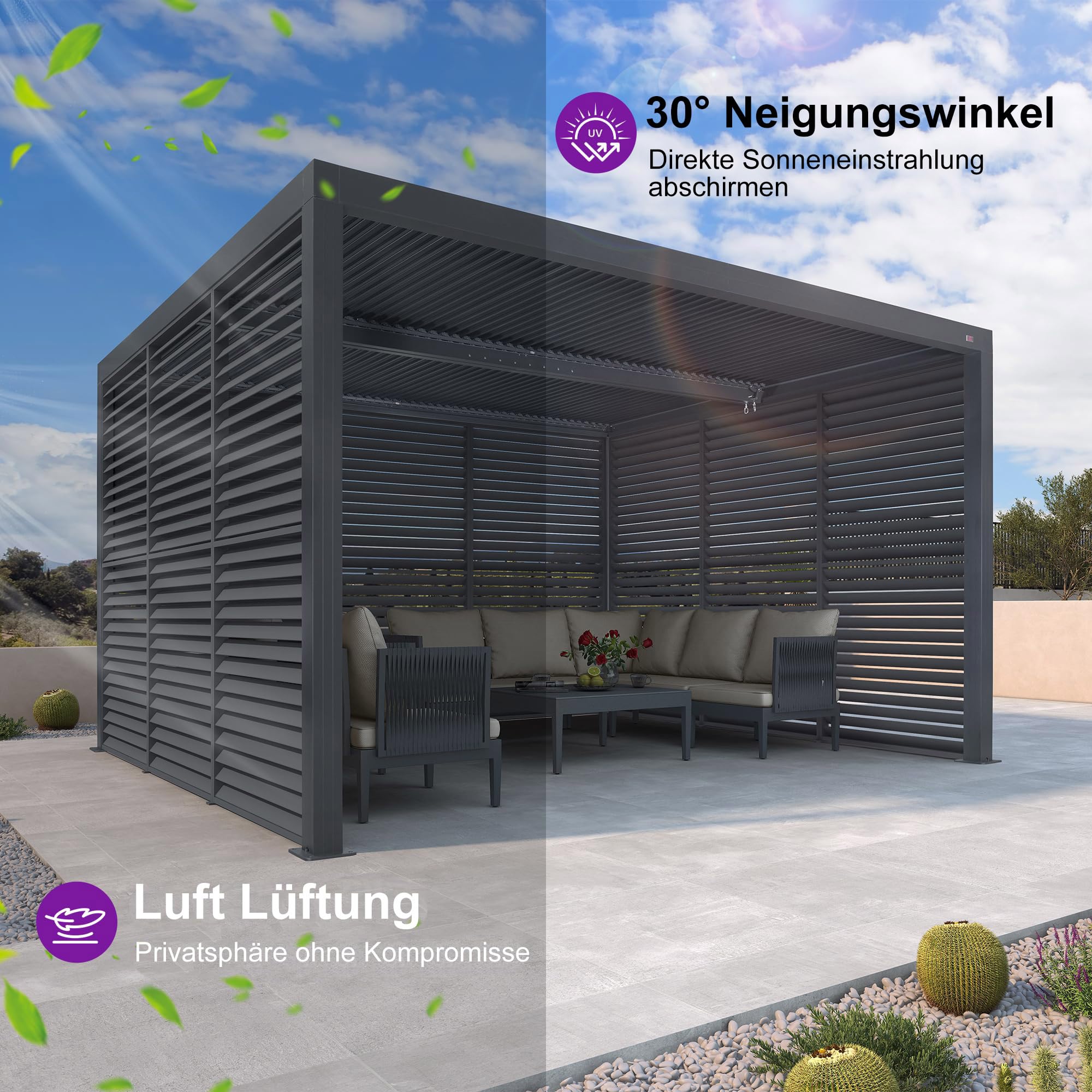 PURPLE LEAF Lamellenpergola Zubehör BY-AS, 1er-Set Alu Feste Horizontale Lamellenwand Paneel, für 3 m Graue Lamellenwand, Lamellenpergola Nicht Enthalten, Grau