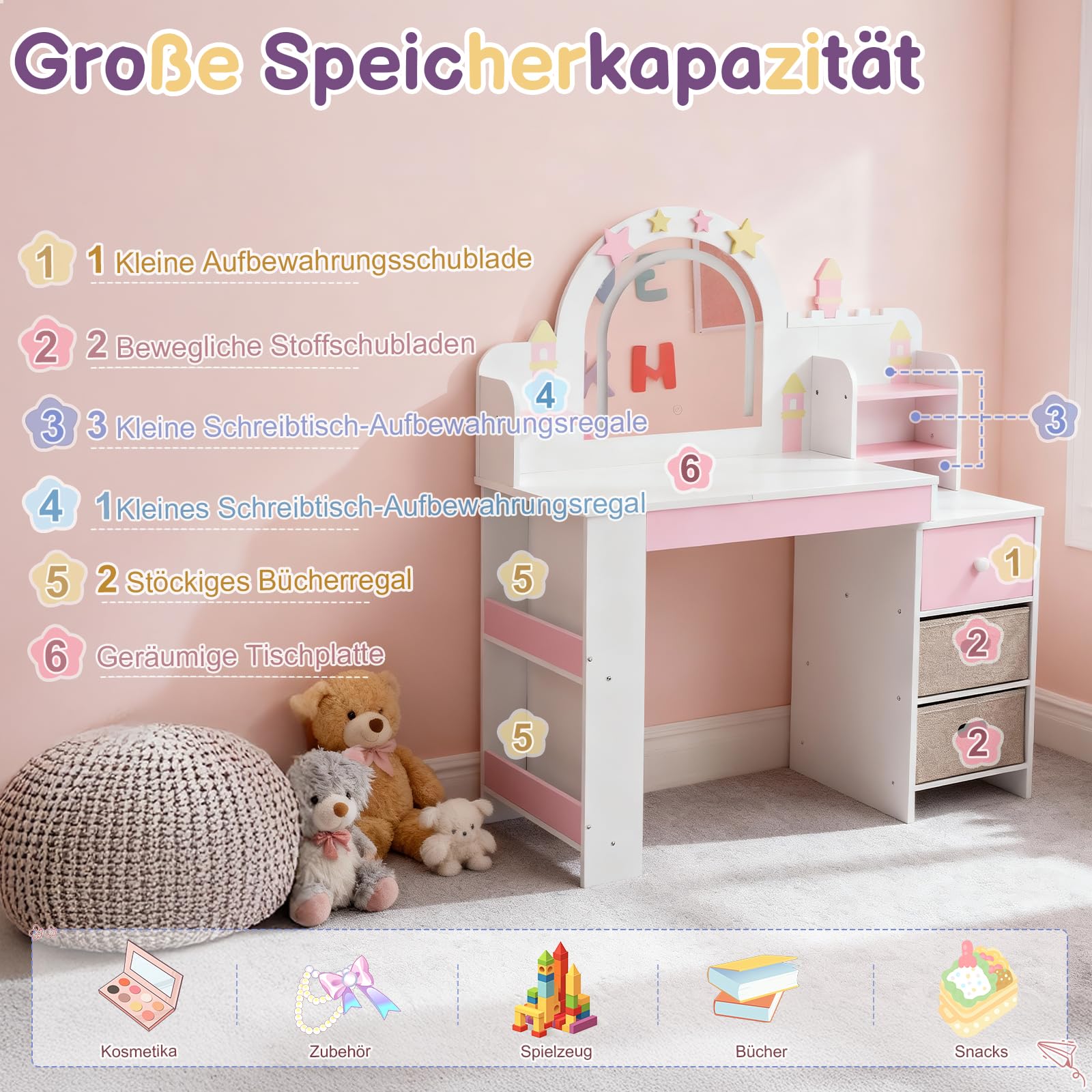 LALAHO Schminktisch Kinder mit Hocker Frisiertisch Kinderschminktisch für Mädchen aus Holz mit Beleuchtung, Spiegel, 5 Schubladen & Bücherregal，-Kosmetiktisch Set für ab 3 Jahren，(Weiß)
