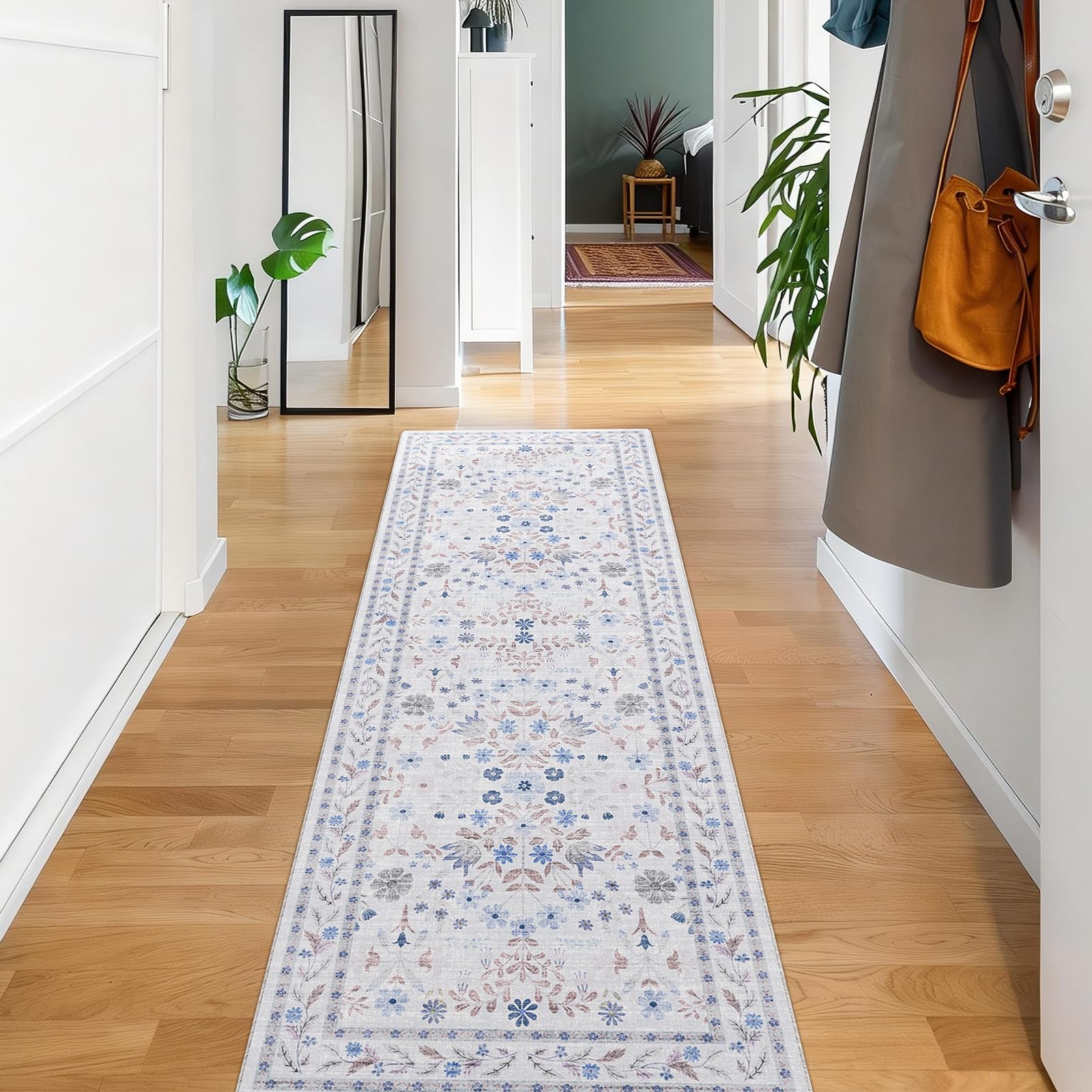 BYBSRLL Rugs Living Room 60x180cm, Vintage Floral Rug, Washable Rug & Non-Slip Low Pile Carpet, Soft Boho Large Rugs, Garden Runner Rug for Bedroom, Kitchen, Entryway, Hallway, Dinning Room, White — image 1